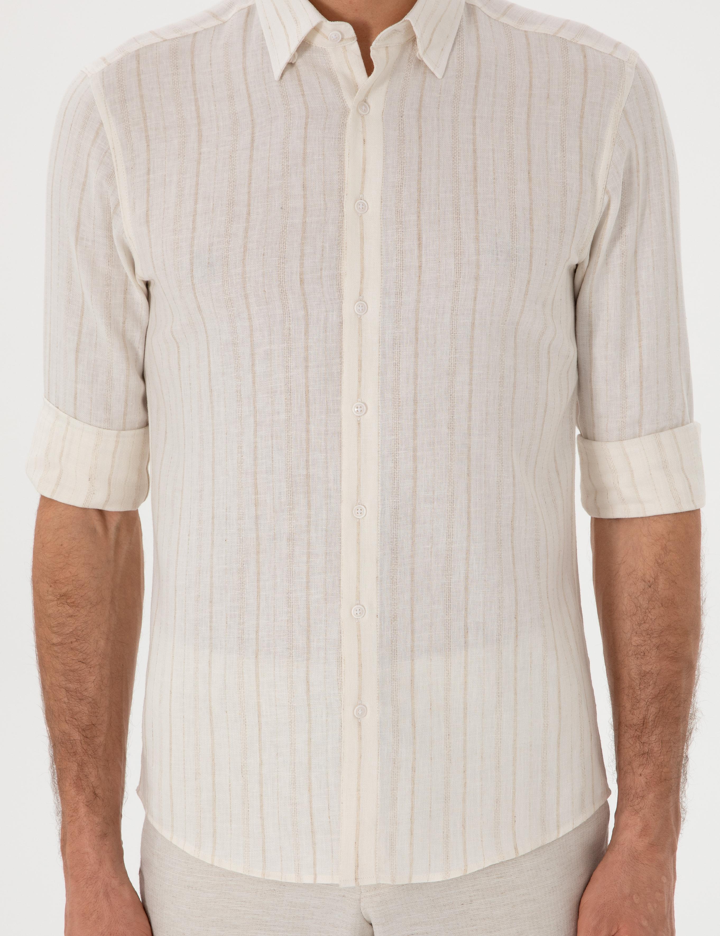 Bej Slim Fit Çizgili Keten Karışımlı Gömlek - 50300398039