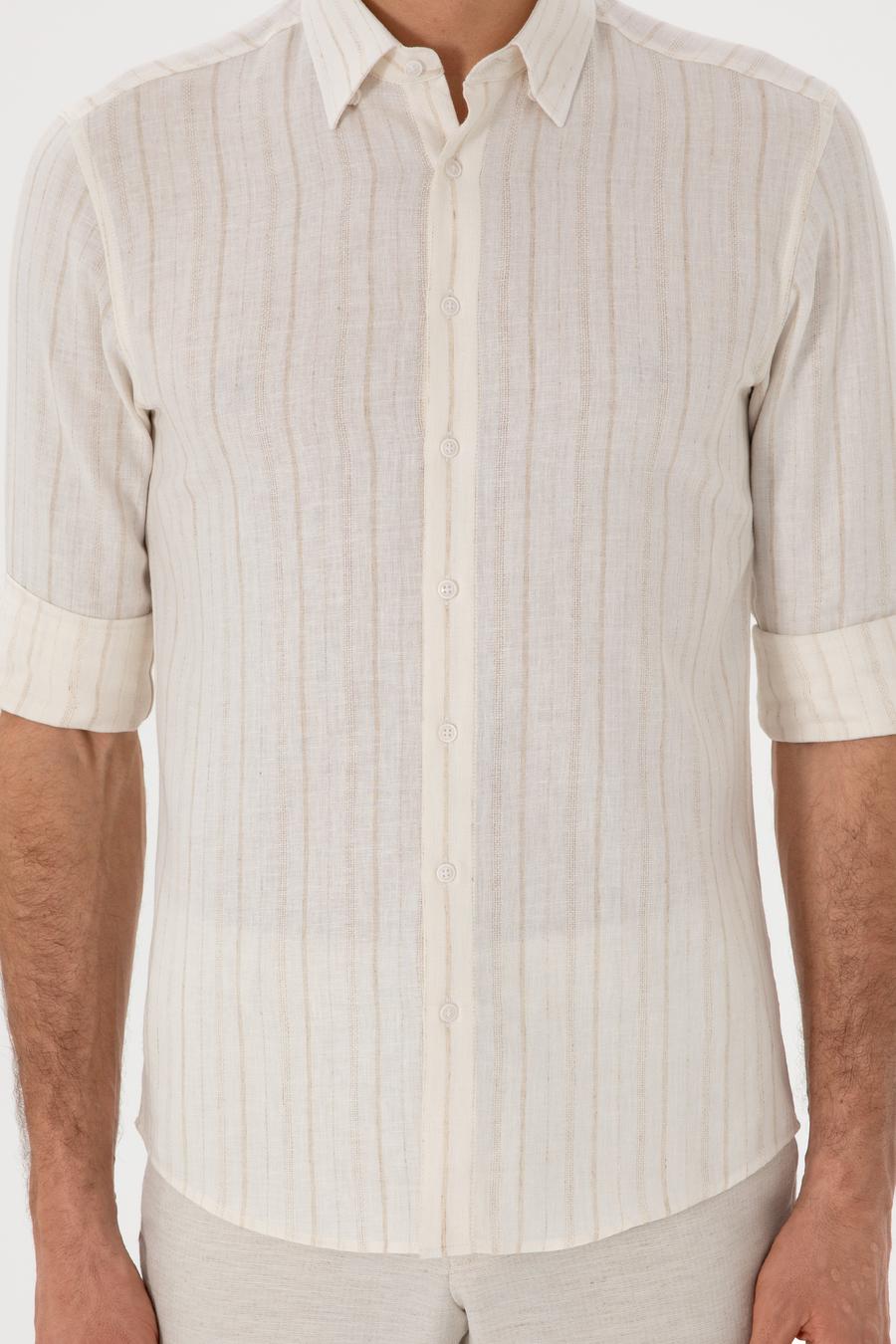 Bej Slim Fit Çizgili Keten Karışımlı Gömlek - 50300398039