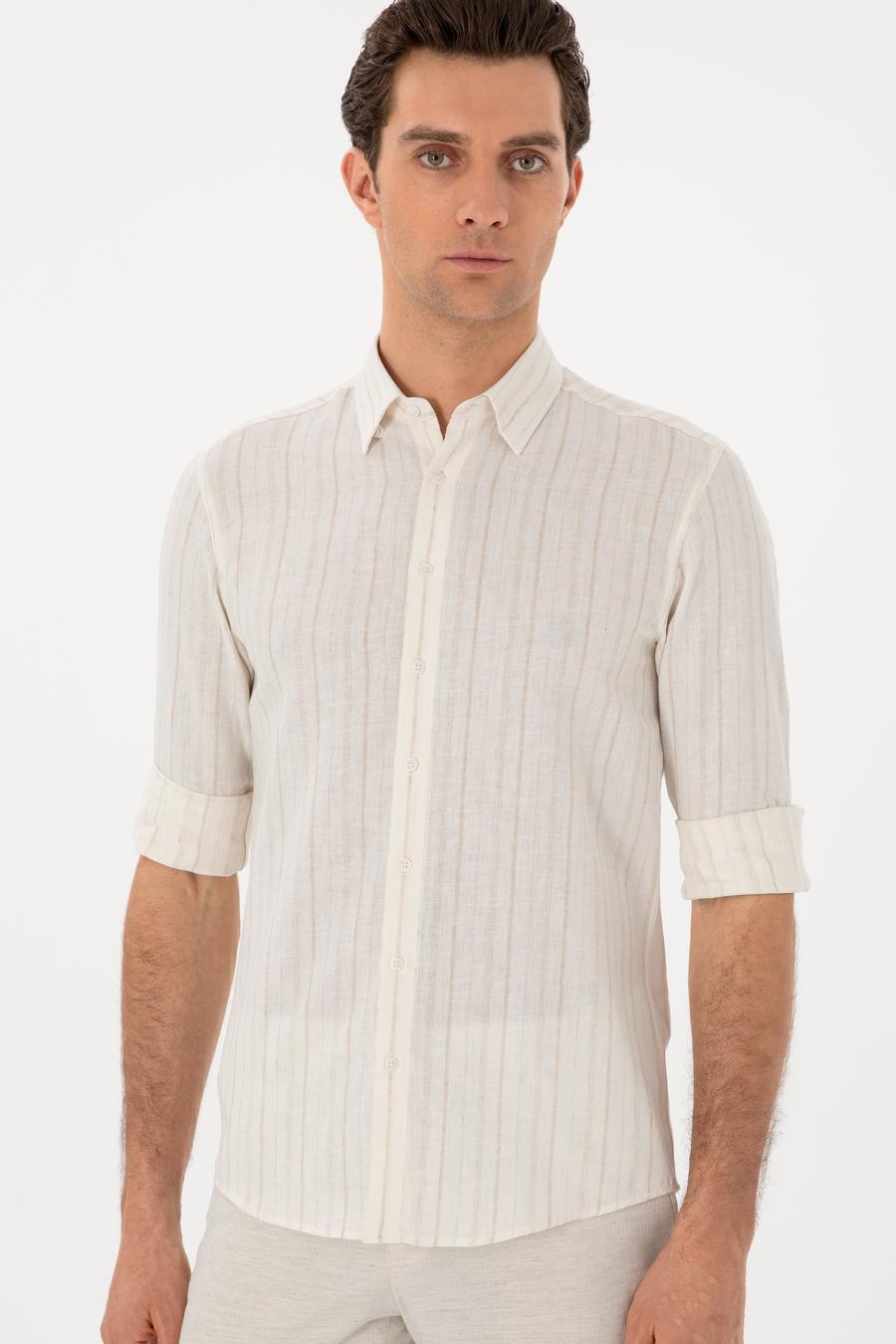 Bej Slim Fit Çizgili Keten Karışımlı Gömlek - 50300398039