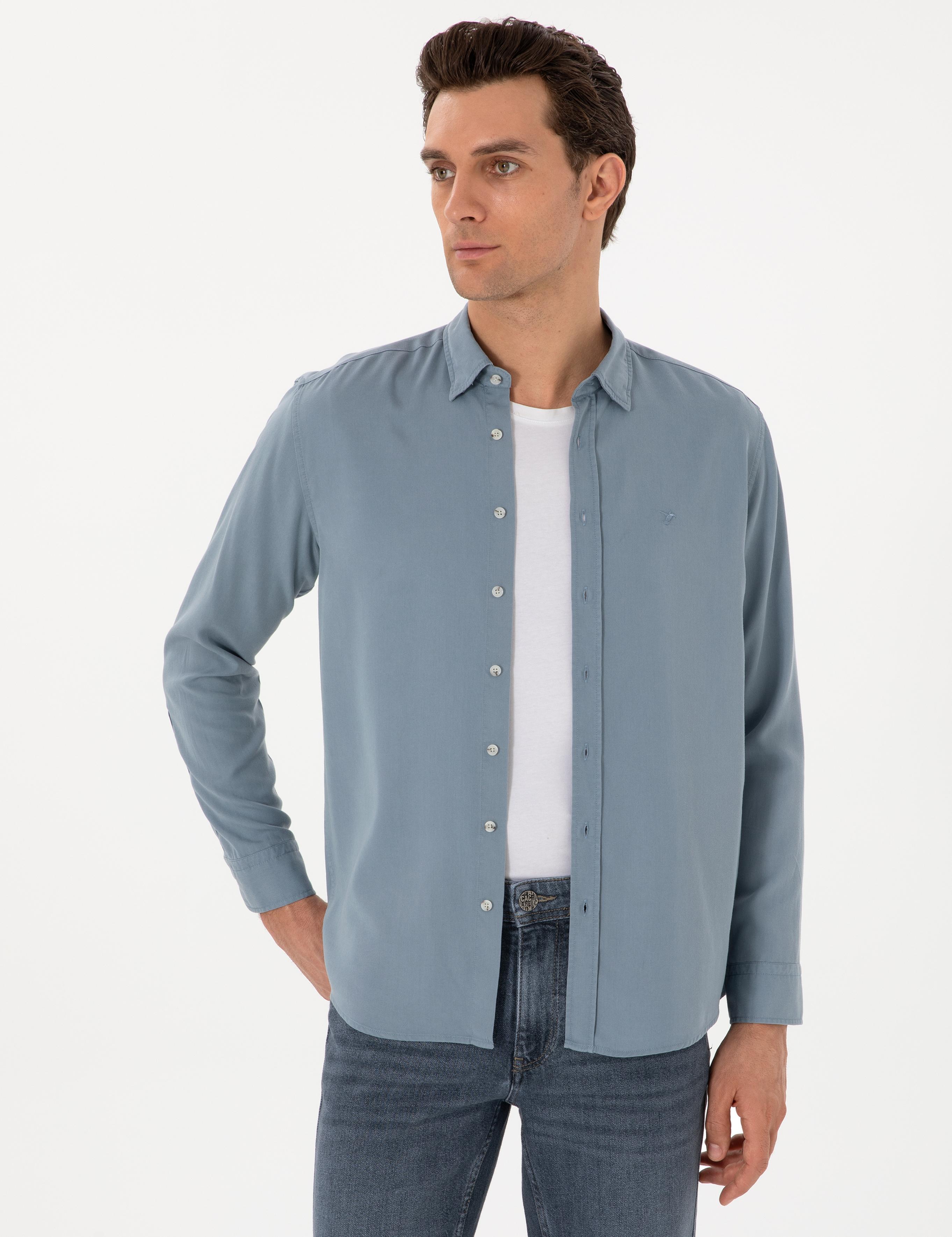 Koyu Mavi Regular Fit Alttan Biritli Liyosel Gömlek - 50300590087