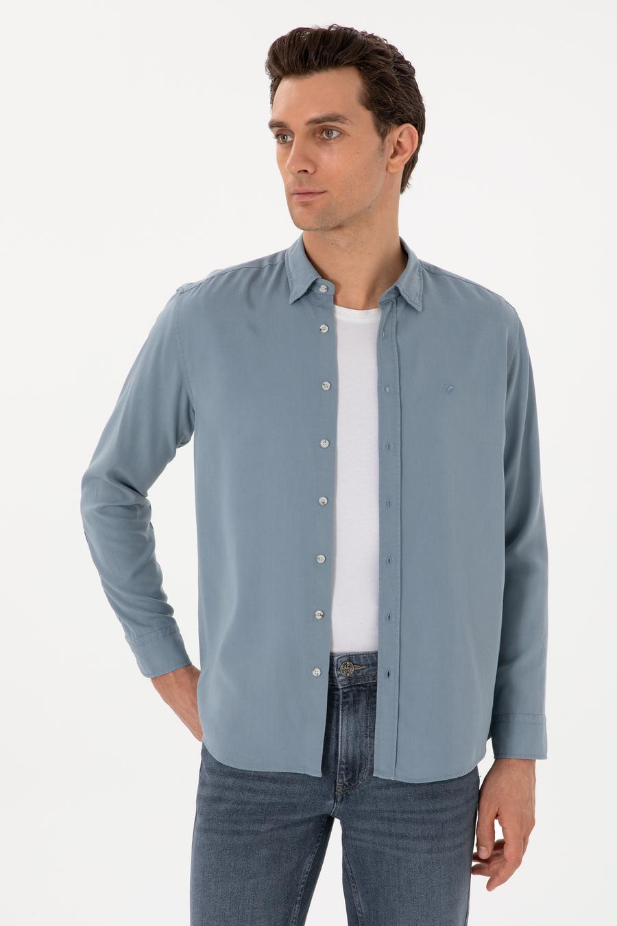 Koyu Mavi Regular Fit Alttan Biritli Liyosel Gömlek - 50300590087