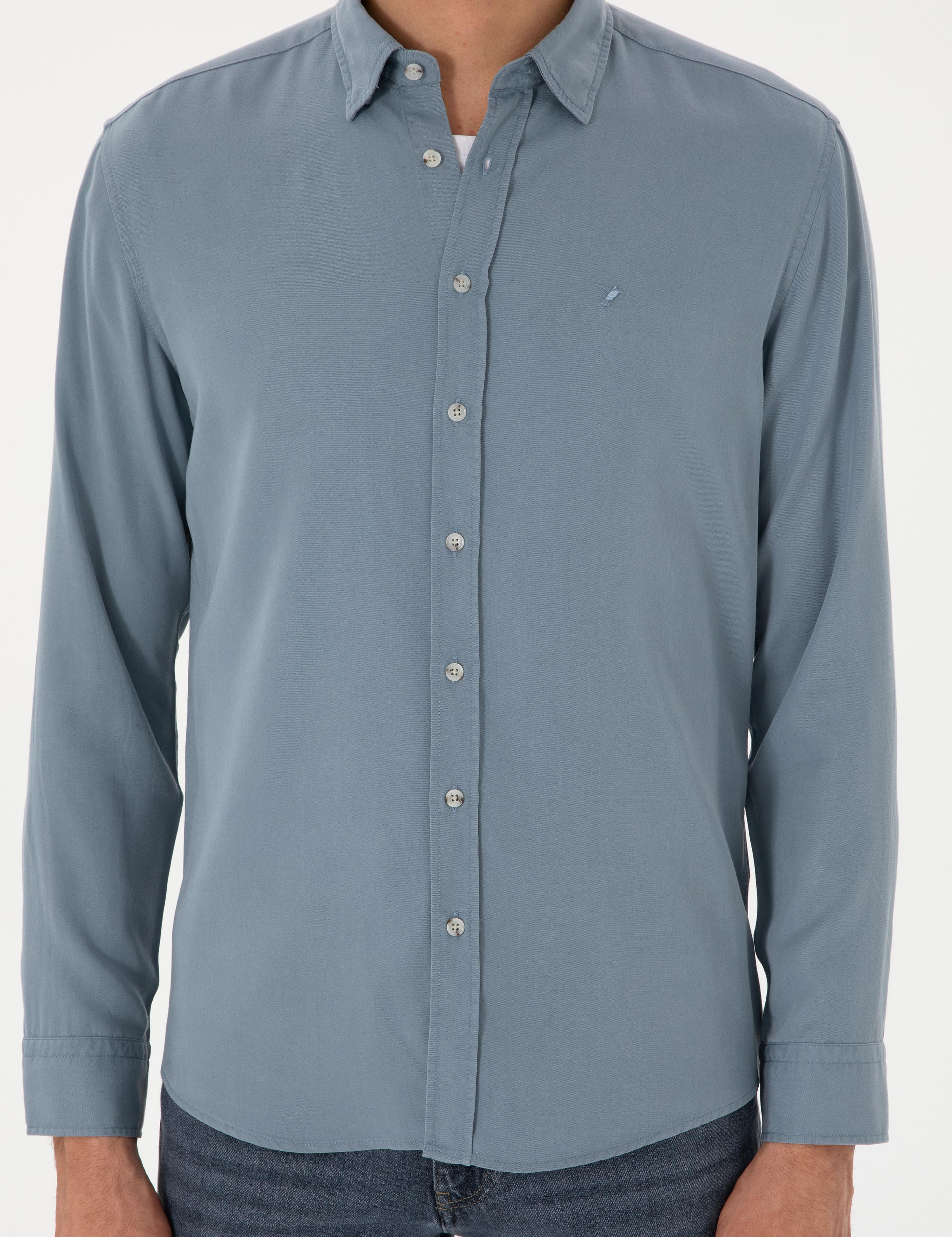 Koyu Mavi Regular Fit Alttan Biritli Liyosel Gömlek - 50300590087