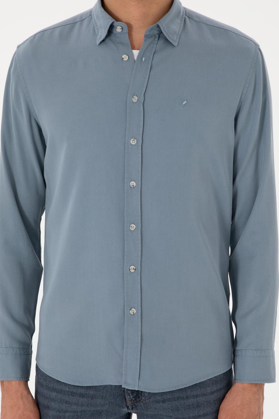 Koyu Mavi Regular Fit Alttan Biritli Liyosel Gömlek - 50300590087