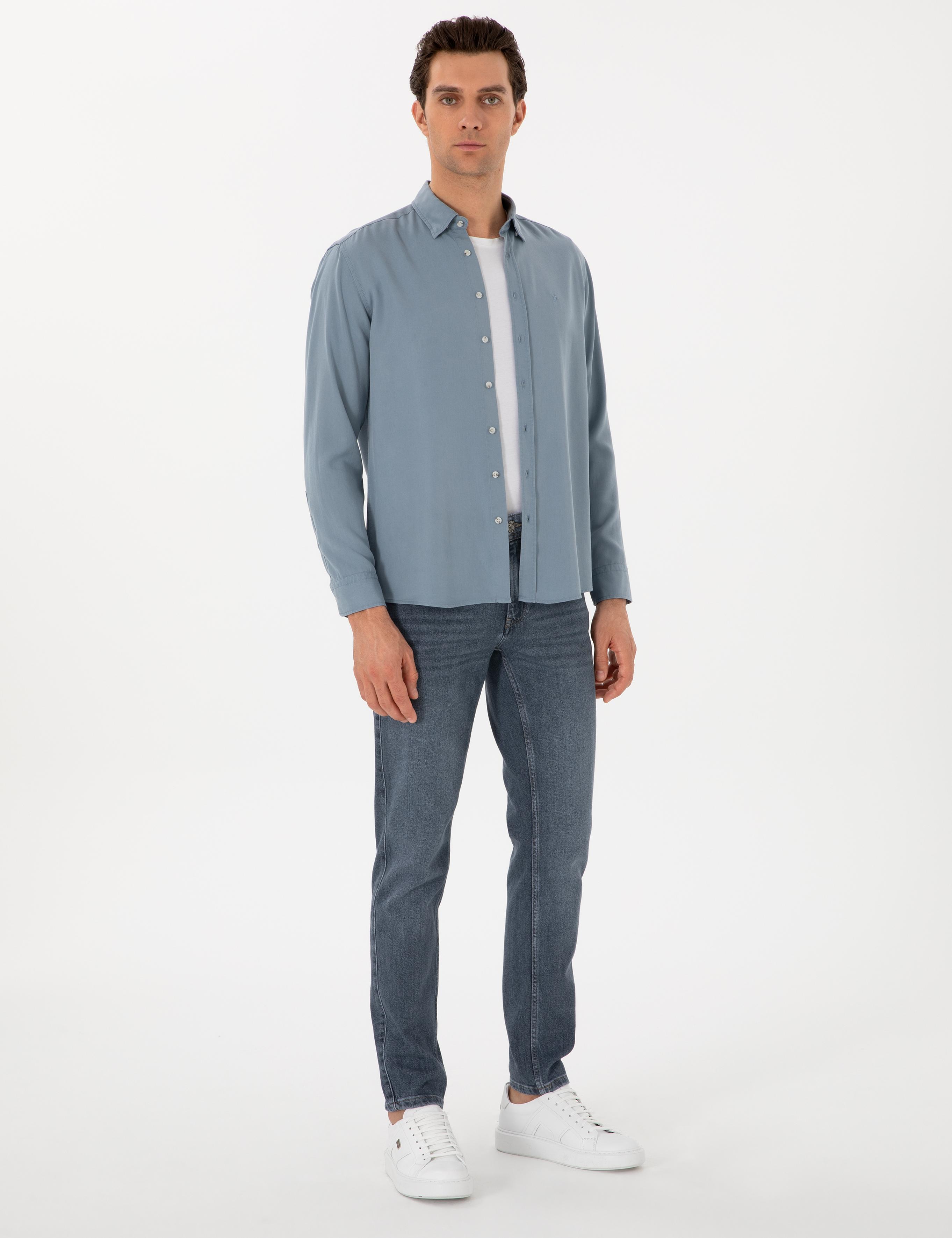 Koyu Mavi Regular Fit Alttan Biritli Liyosel Gömlek - 50300590087