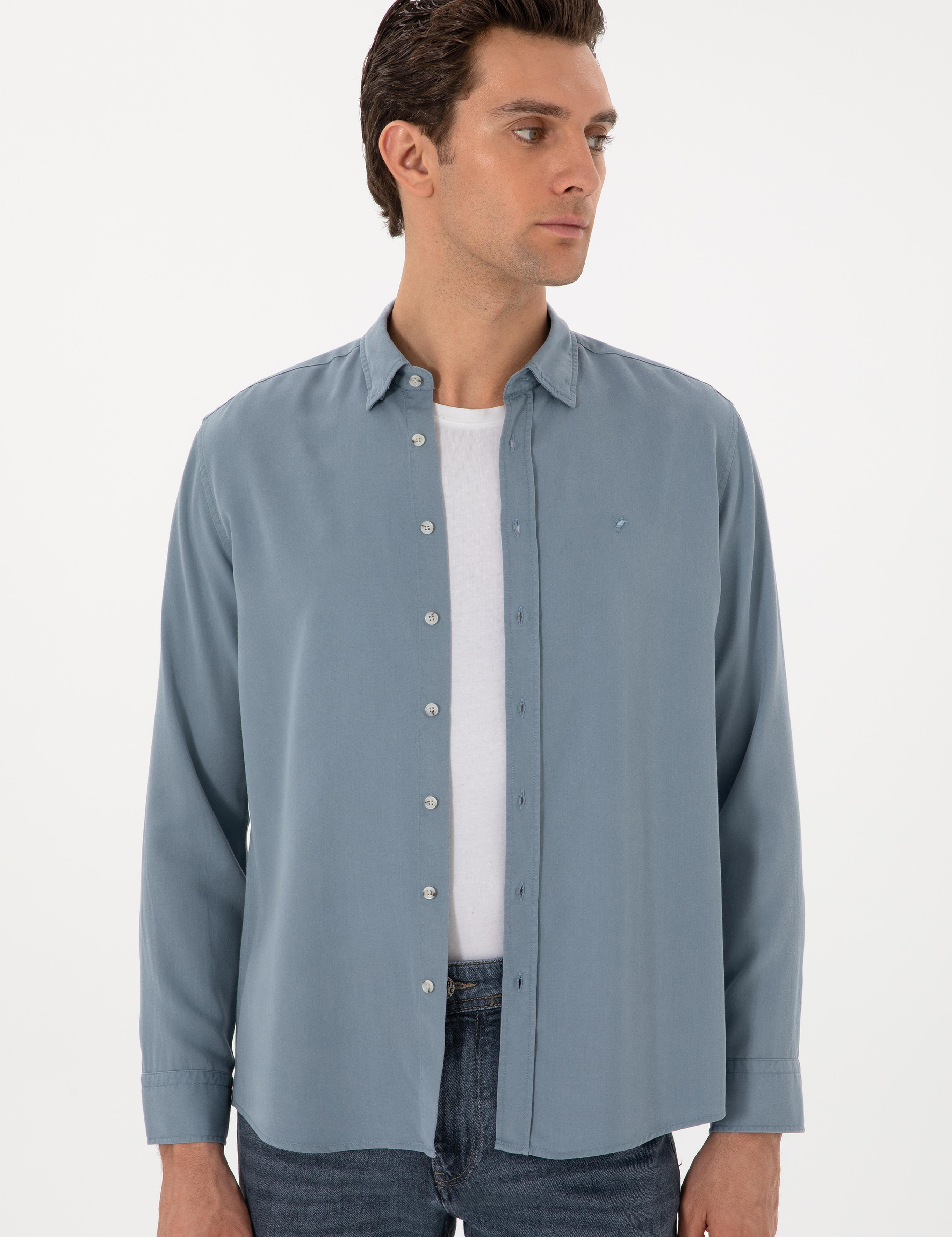 Koyu Mavi Regular Fit Alttan Biritli Liyosel Gömlek - 50300590087