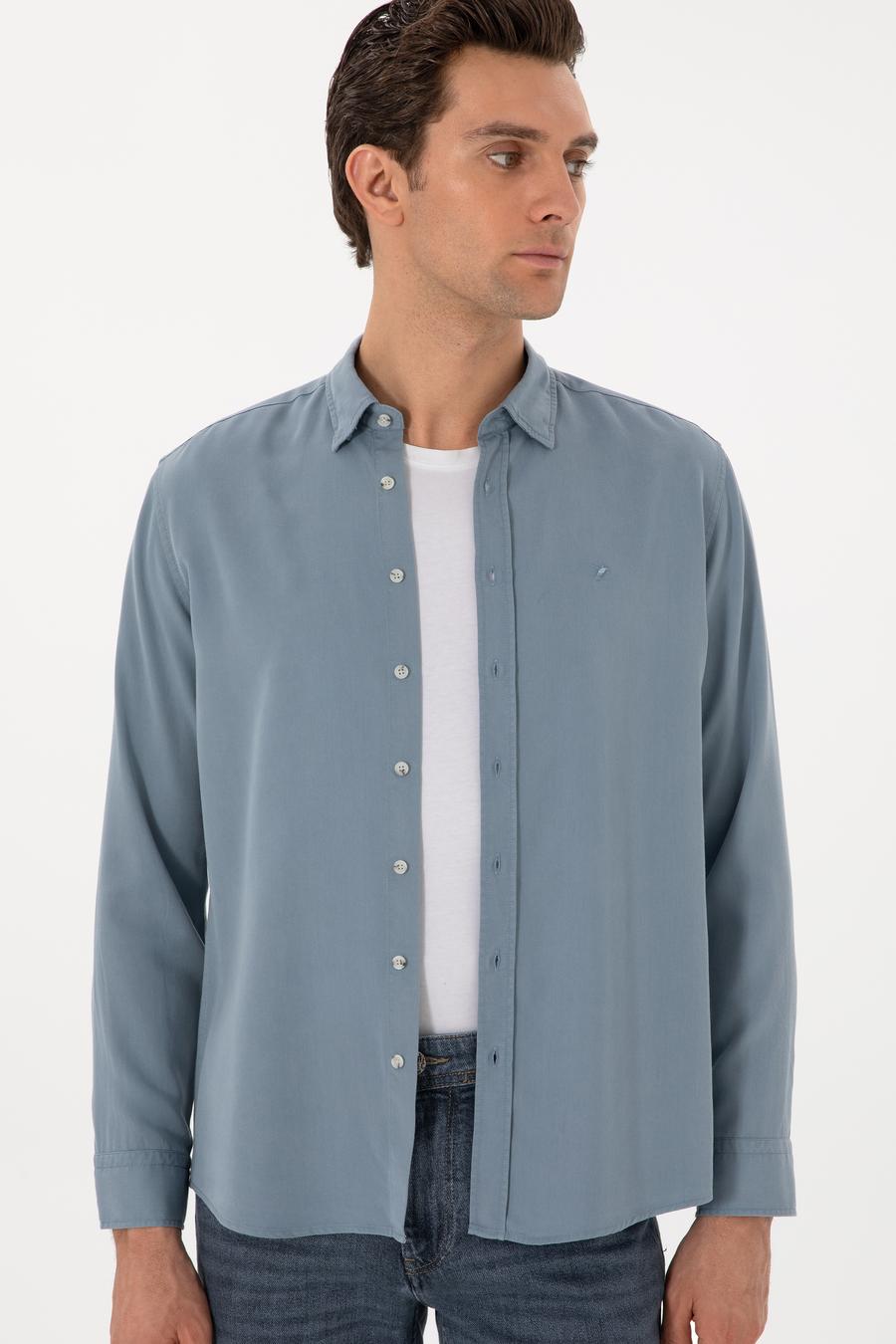 Koyu Mavi Regular Fit Alttan Biritli Liyosel Gömlek - 50300590087