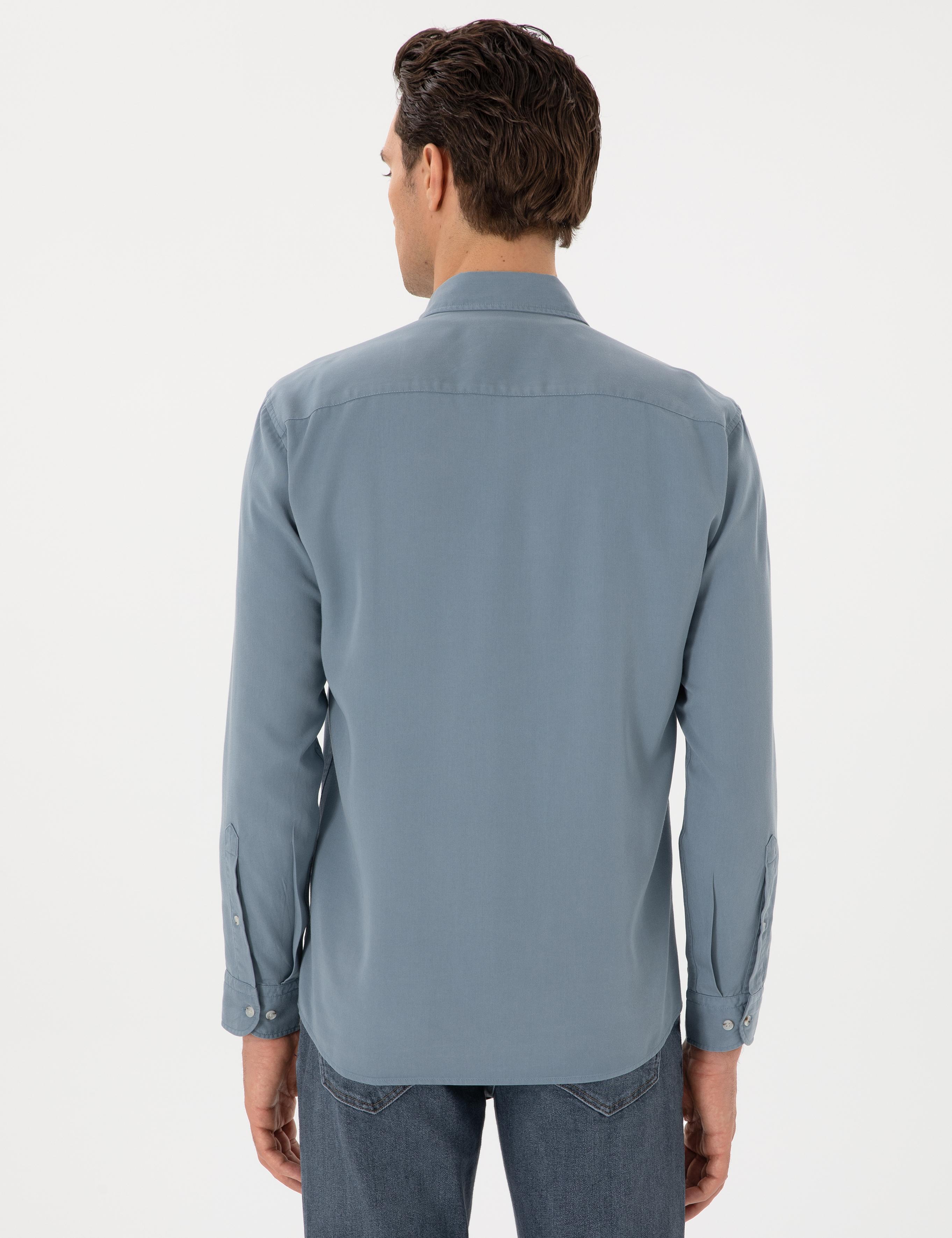 Koyu Mavi Regular Fit Alttan Biritli Liyosel Gömlek - 50300590087