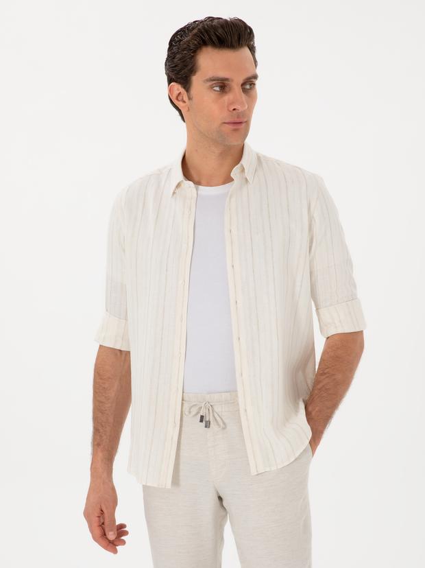 Bej Slim Fit Çizgili Keten Karışımlı Gömlek