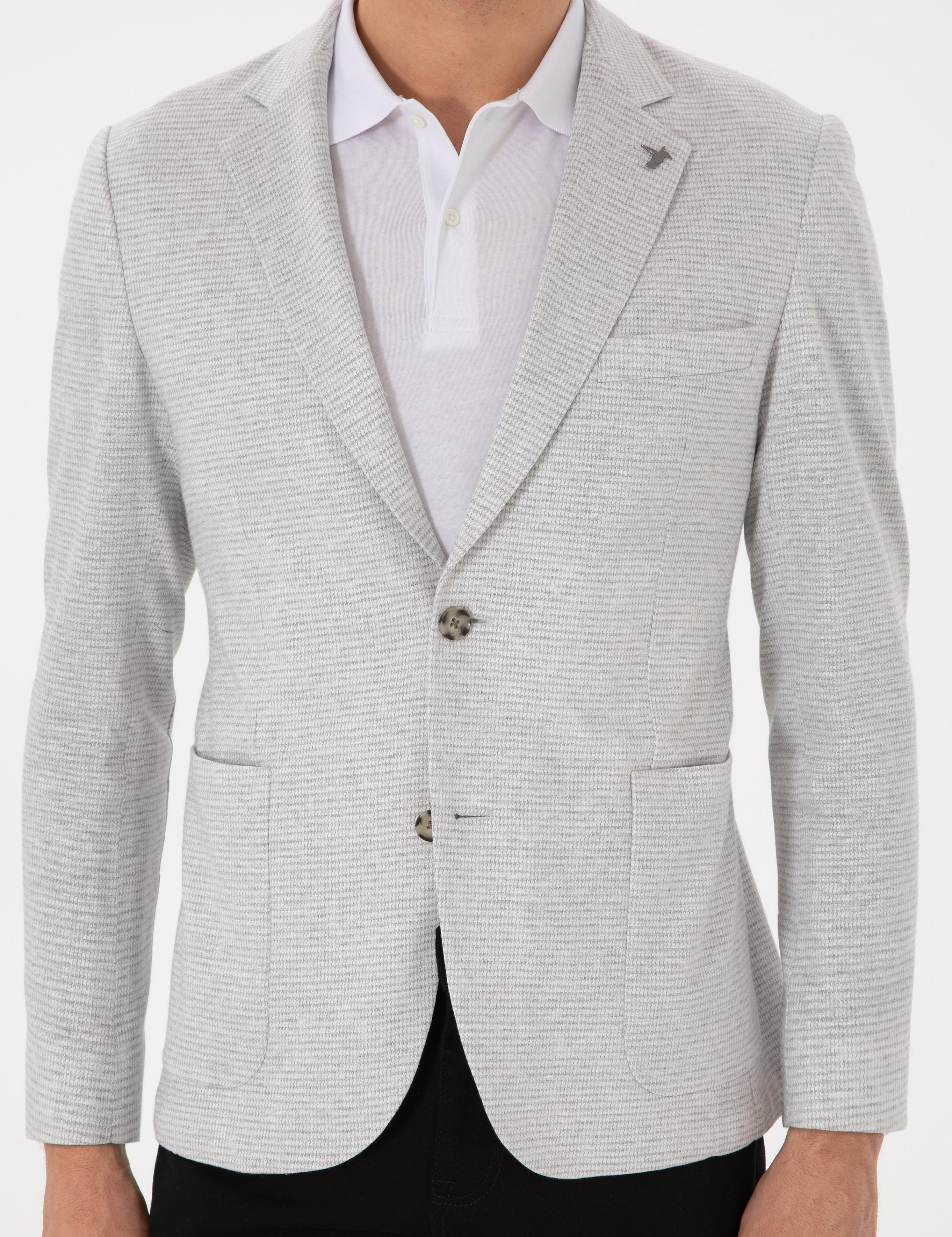 Gri Slim Fit Keten Karışımlı Kaz Ayağı Ceket - 50300038044