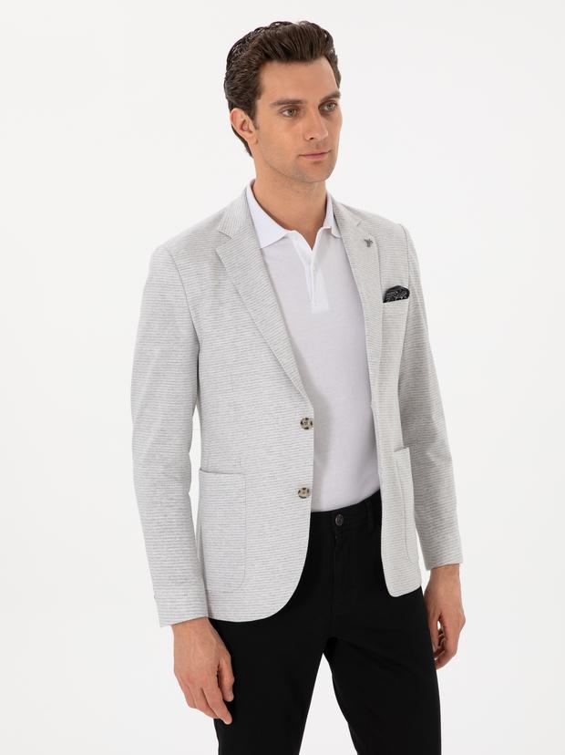 Gri Slim Fit Keten Karışımlı Kaz Ayağı Ceket