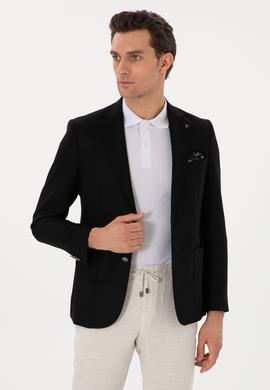 Siyah Slim Fit Dokulu Yün Karışımlı Ceket