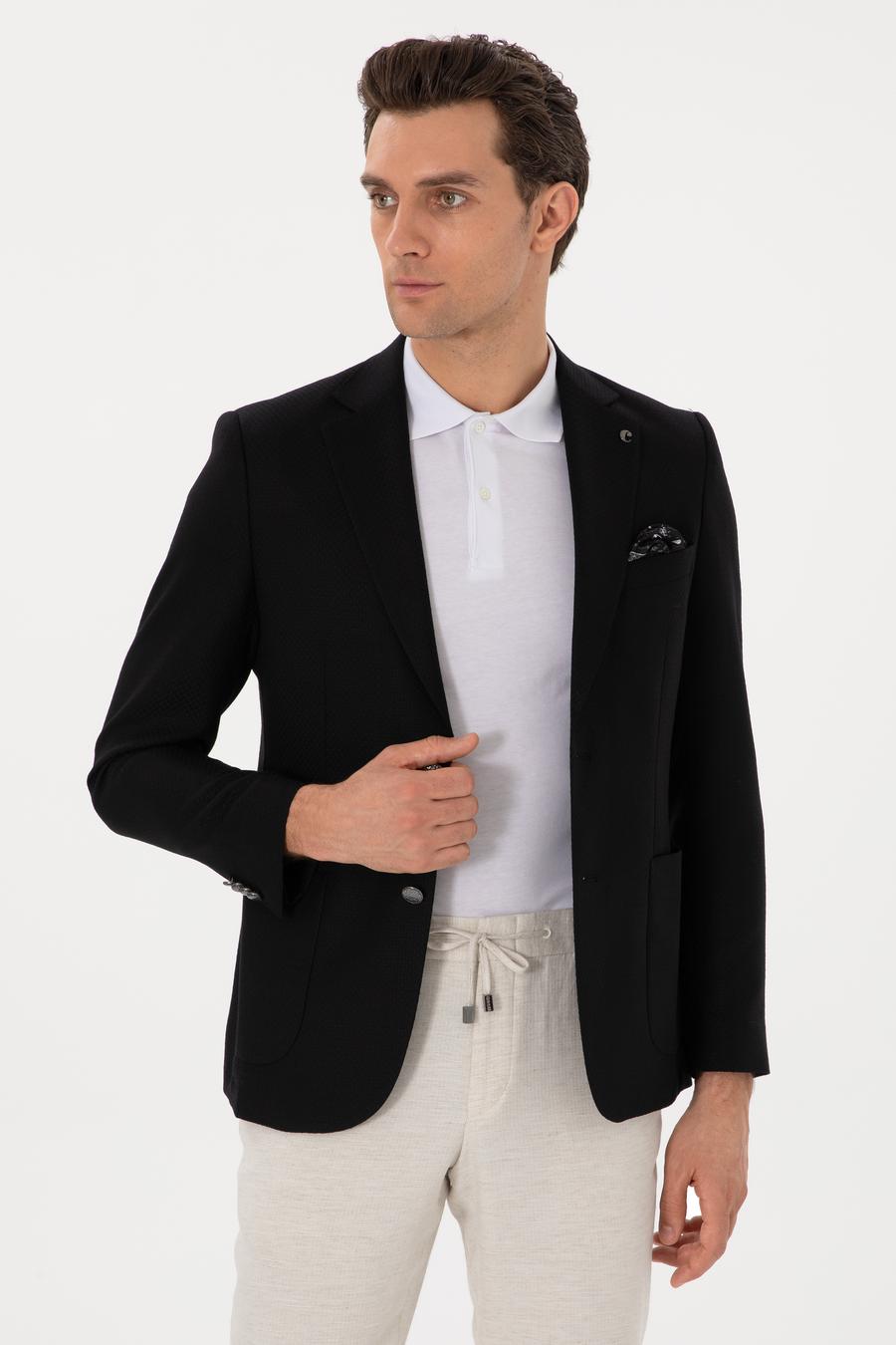 Siyah Slim Fit Dokulu Yün Karışımlı Ceket - 50300052017