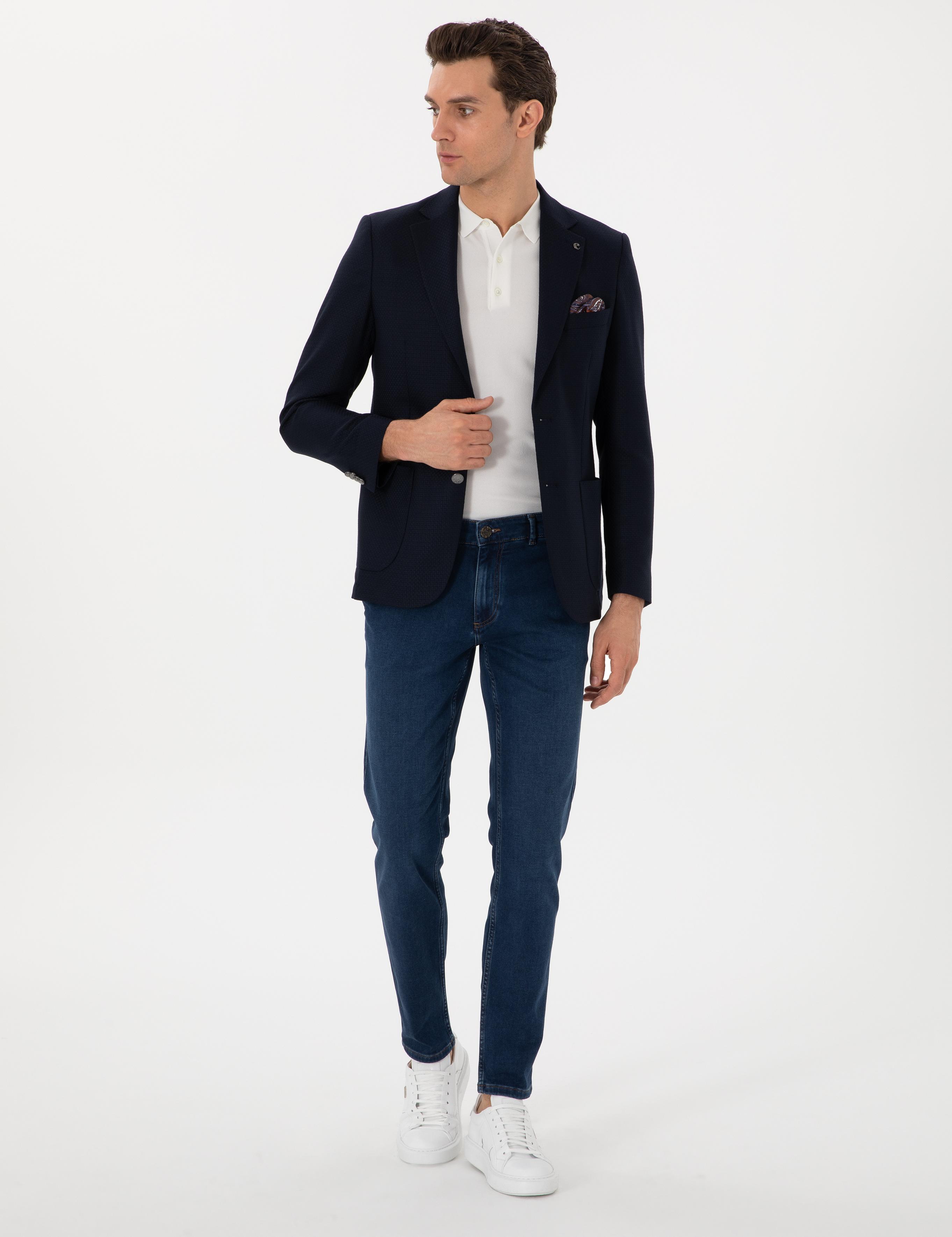Koyu Lacivert Slim Fit Dokulu Yün Karışımlı Ceket - 50300052046