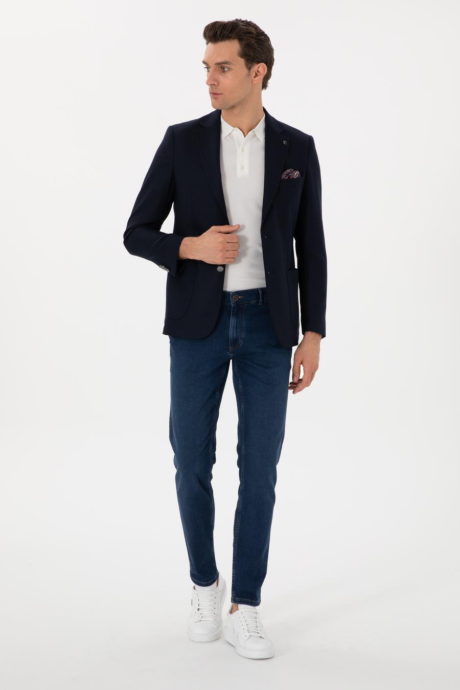 Koyu Lacivert Slim Fit Dokulu Yün Karışımlı Ceket - 50300052046