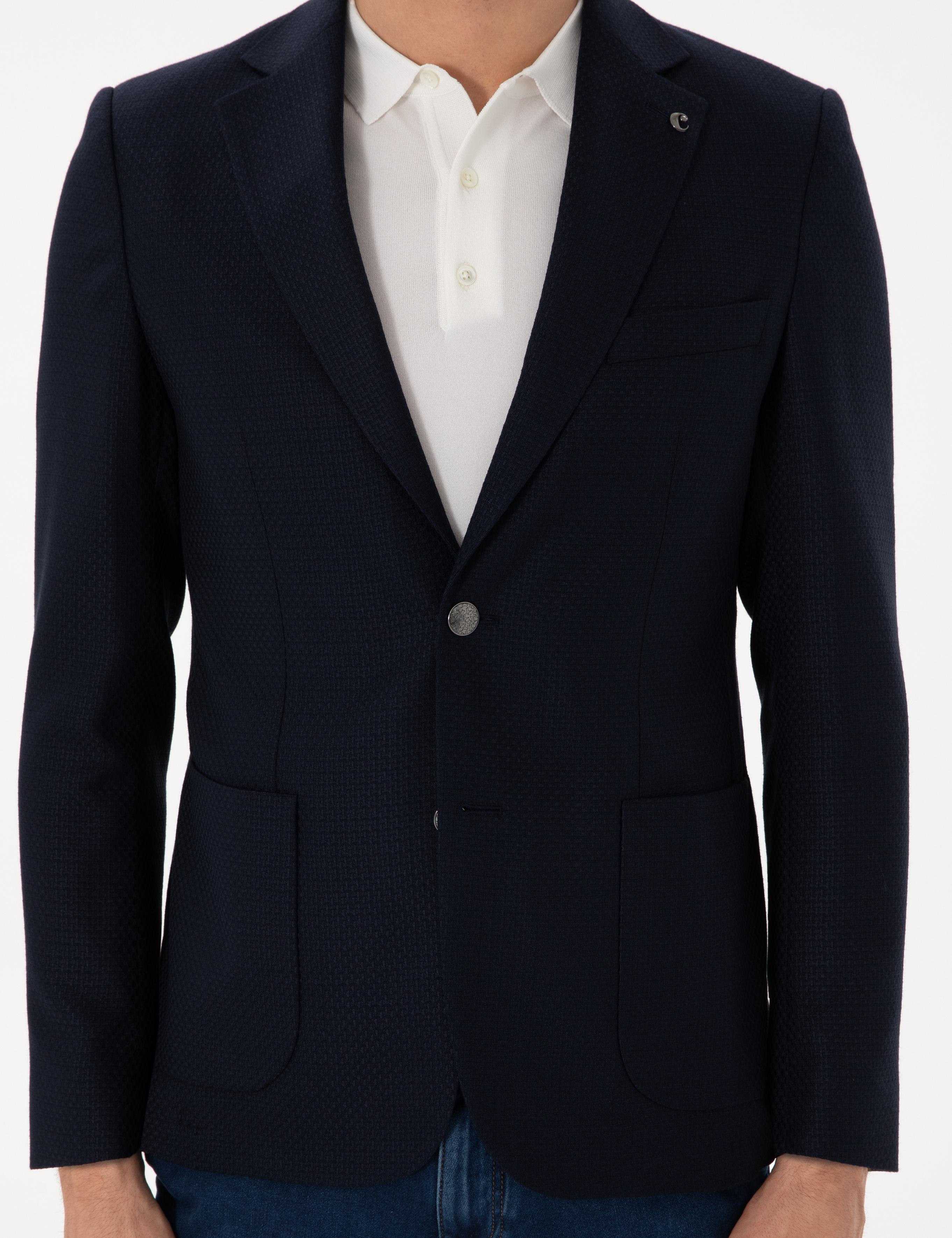 Koyu Lacivert Slim Fit Dokulu Yün Karışımlı Ceket - 50300052046