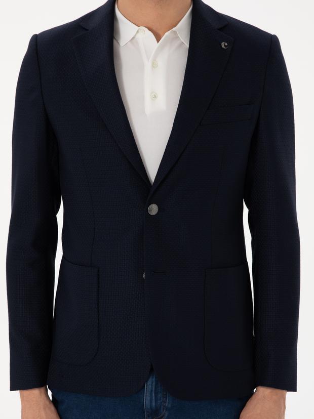 Koyu Lacivert Slim Fit Dokulu Yün Karışımlı Ceket