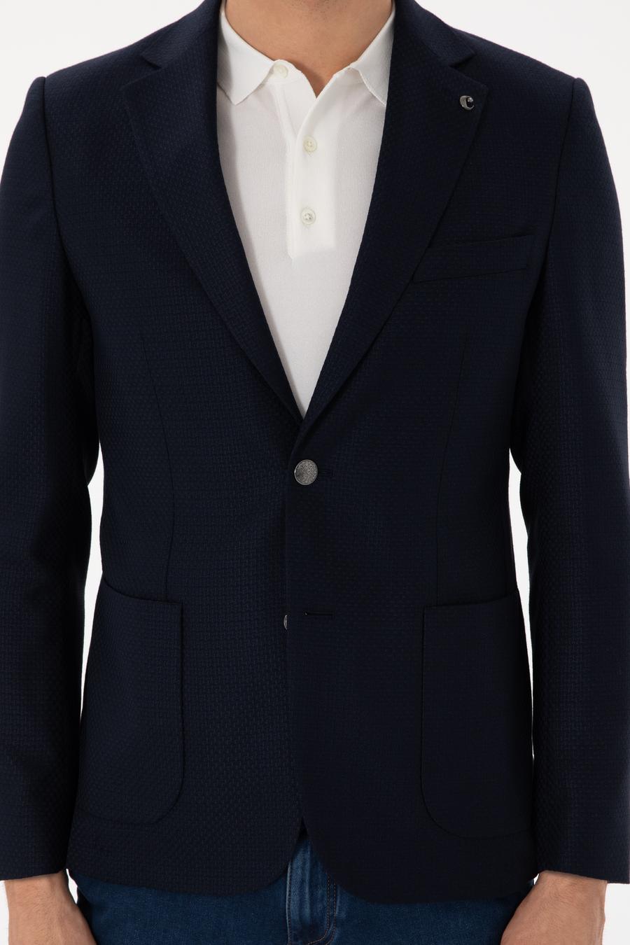 Koyu Lacivert Slim Fit Dokulu Yün Karışımlı Ceket - 50300052046