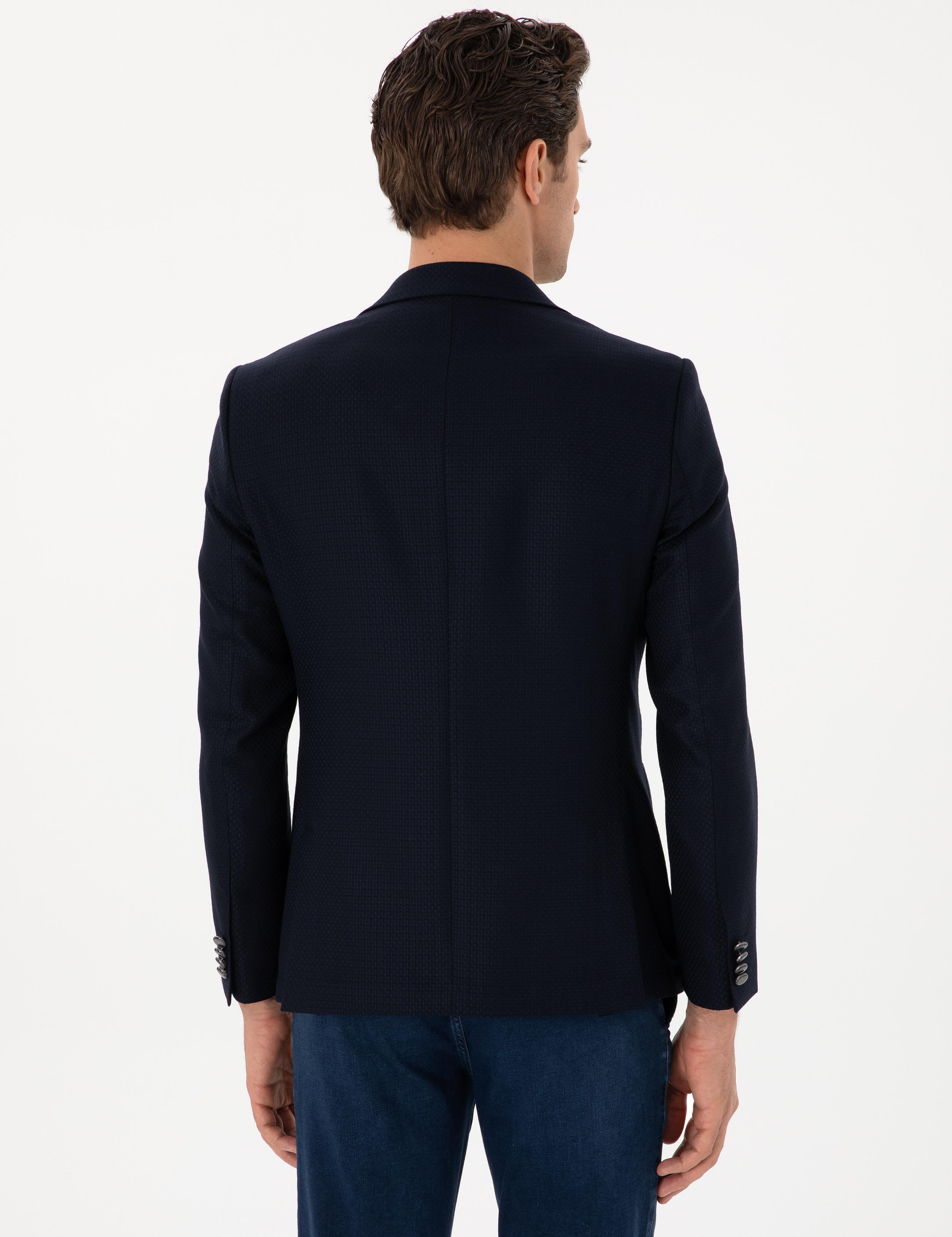 Koyu Lacivert Slim Fit Dokulu Yün Karışımlı Ceket - 50300052046