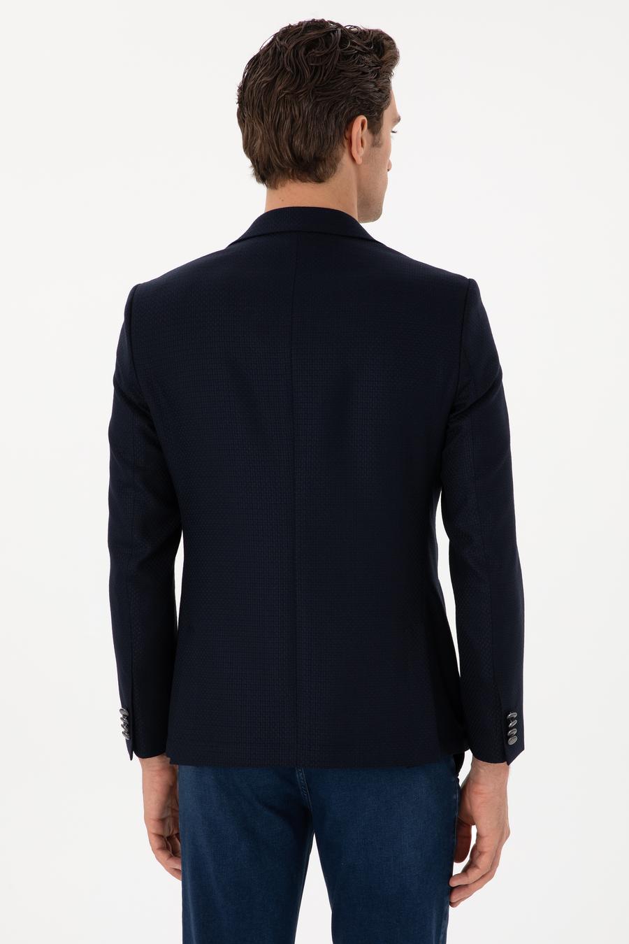 Koyu Lacivert Slim Fit Dokulu Yün Karışımlı Ceket - 50300052046