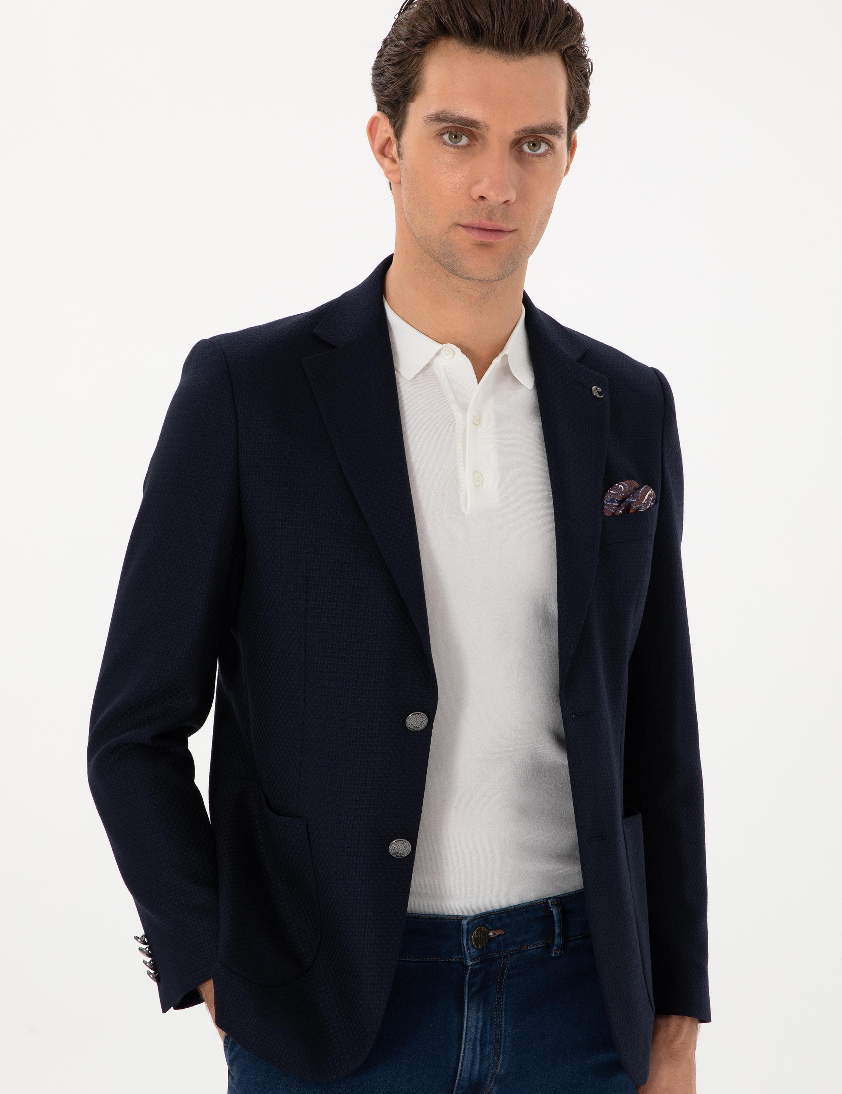 Koyu Lacivert Slim Fit Dokulu Yün Karışımlı Ceket - 50300052046