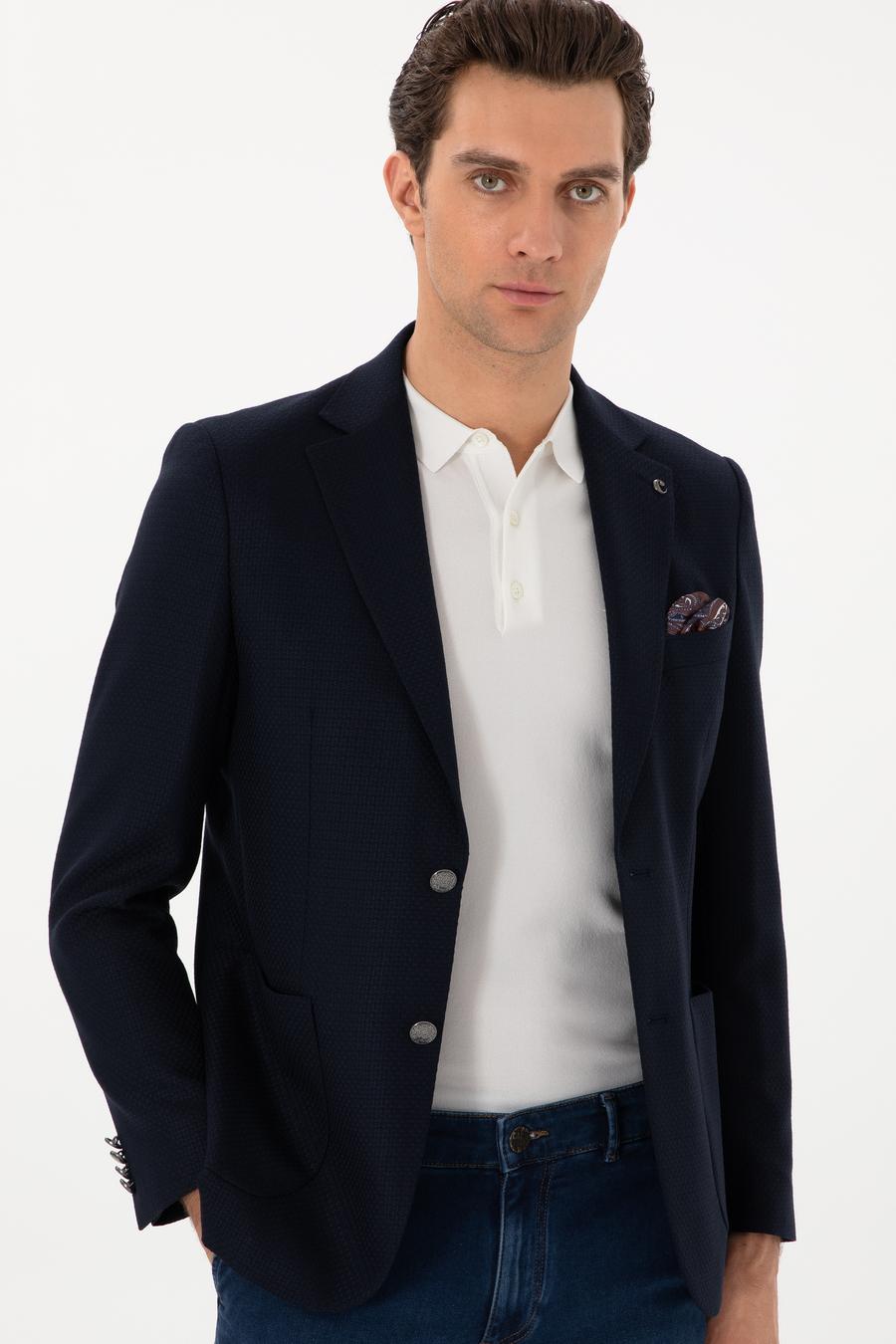 Koyu Lacivert Slim Fit Dokulu Yün Karışımlı Ceket - 50300052046