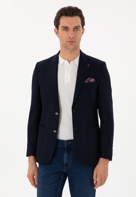 Koyu Lacivert Slim Fit Dokulu Yün Karışımlı Ceket
