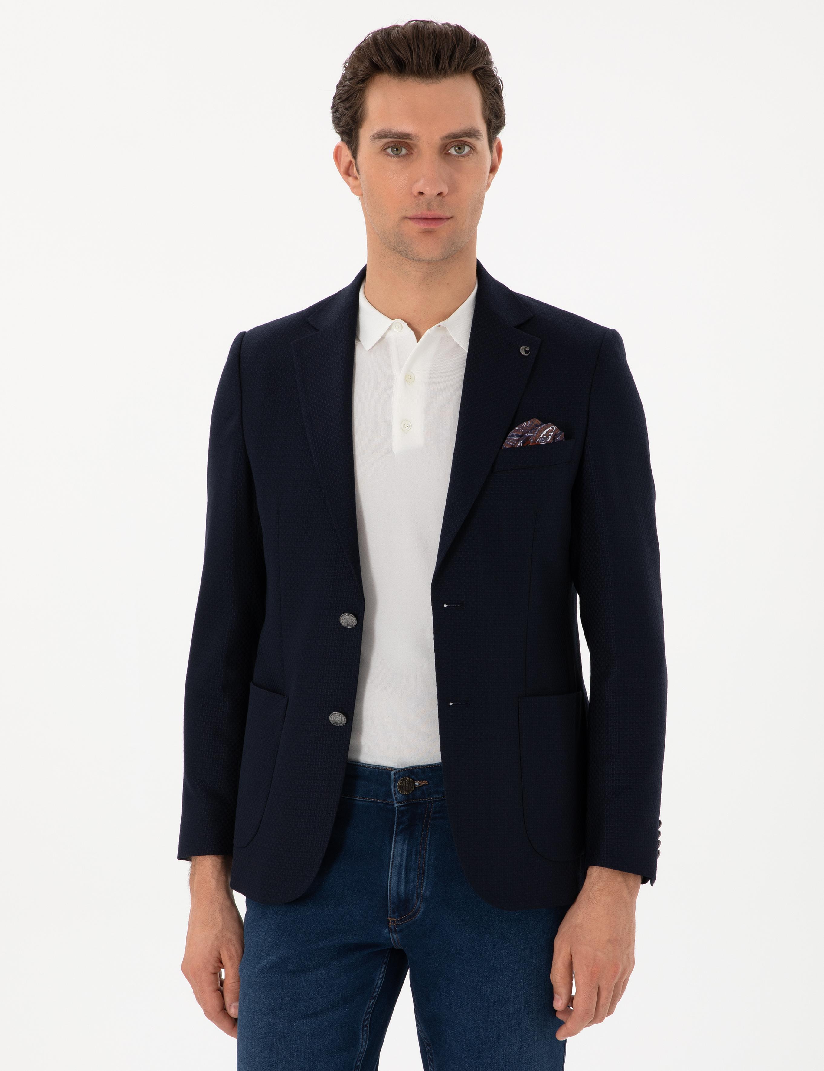 Koyu Lacivert Slim Fit Dokulu Yün Karışımlı Ceket - 50300052046