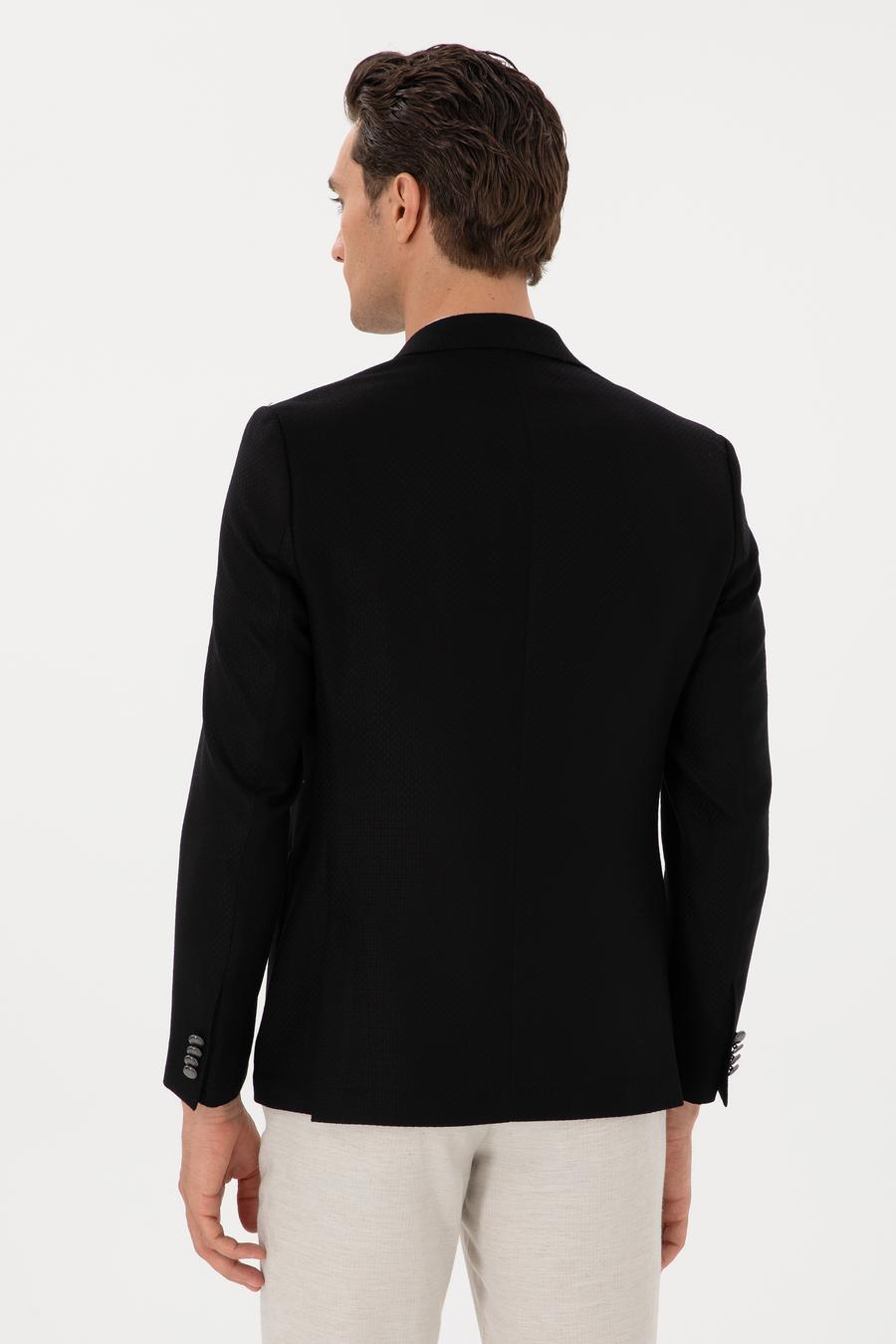 Siyah Slim Fit Dokulu Yün Karışımlı Ceket - 50300052017