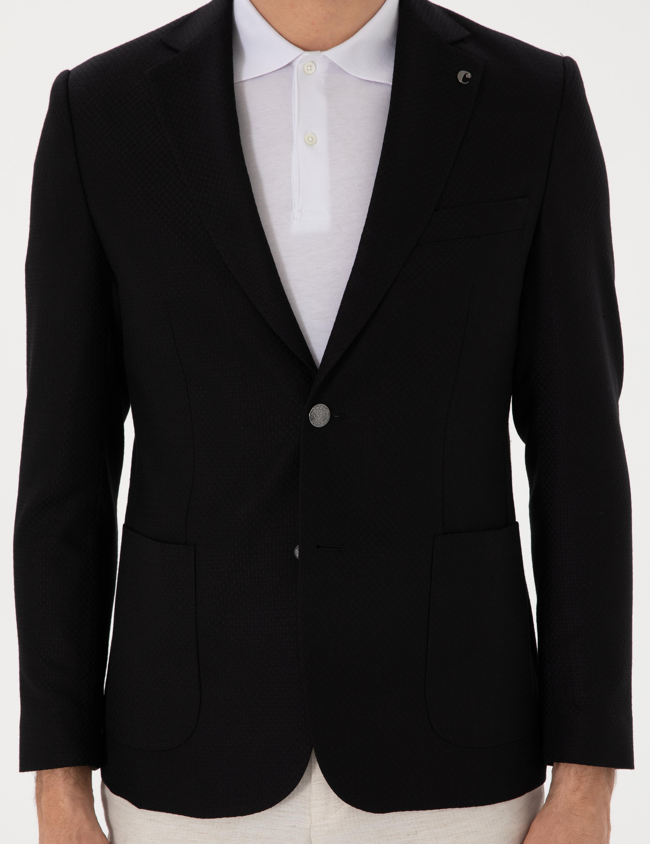 Siyah Slim Fit Dokulu Yün Karışımlı Ceket - 50300052017