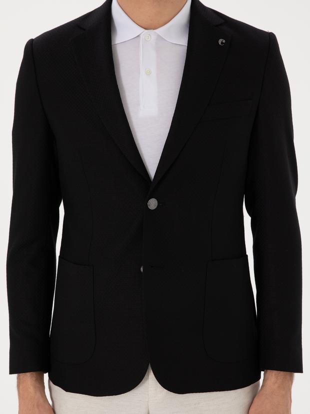 Siyah Slim Fit Dokulu Yün Karışımlı Ceket