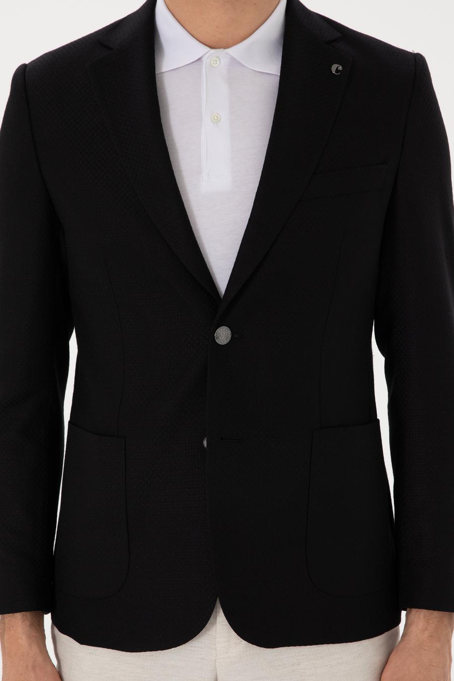 Siyah Slim Fit Dokulu Yün Karışımlı Ceket - 50300052017