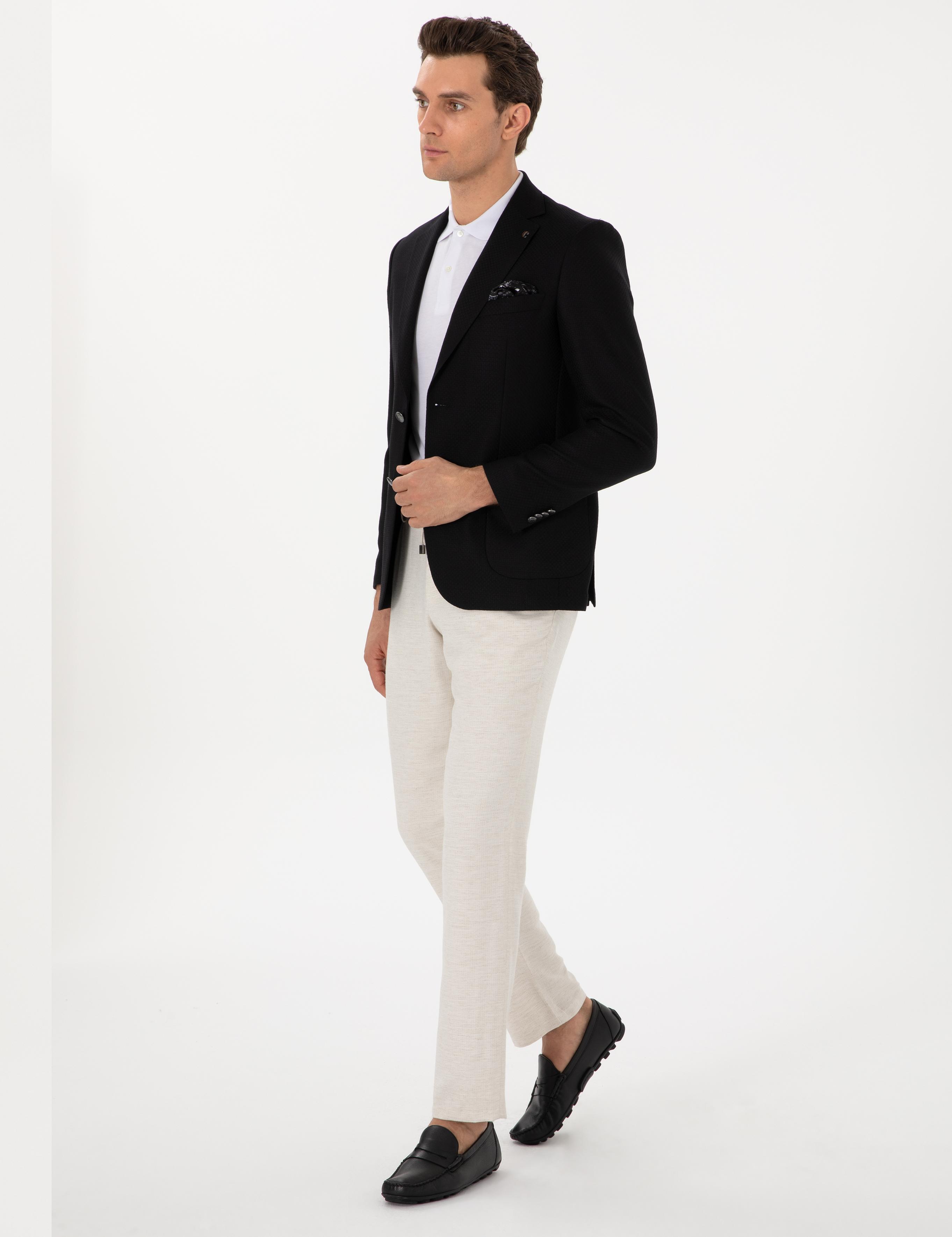 Siyah Slim Fit Dokulu Yün Karışımlı Ceket - 50300052017