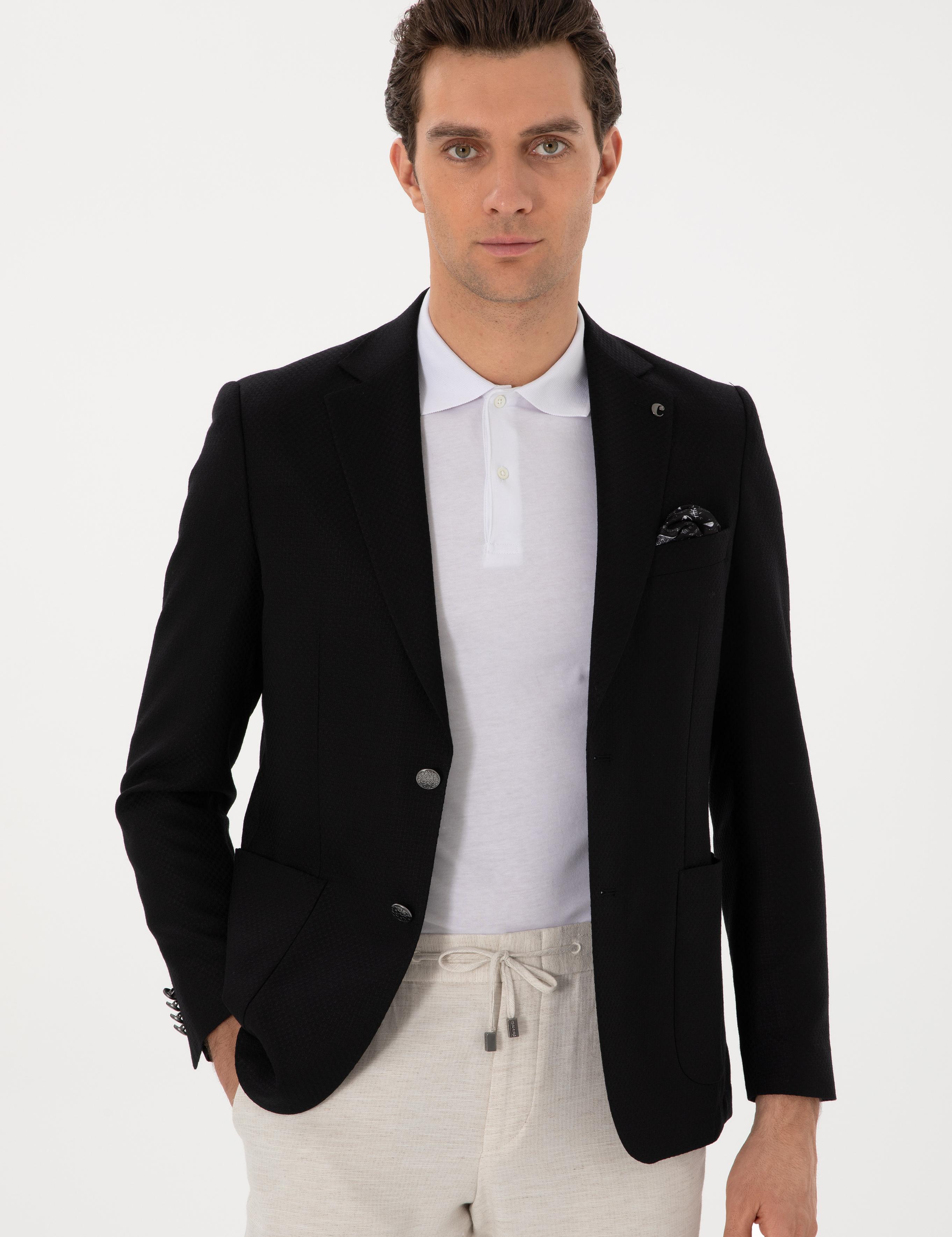 Siyah Slim Fit Dokulu Yün Karışımlı Ceket - 50300052017