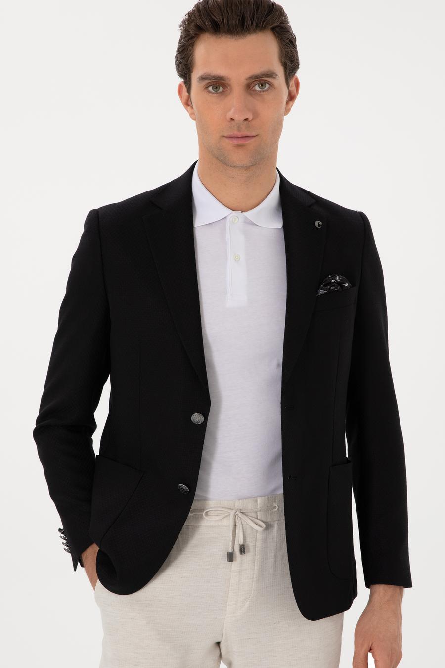 Siyah Slim Fit Dokulu Yün Karışımlı Ceket - 50300052017