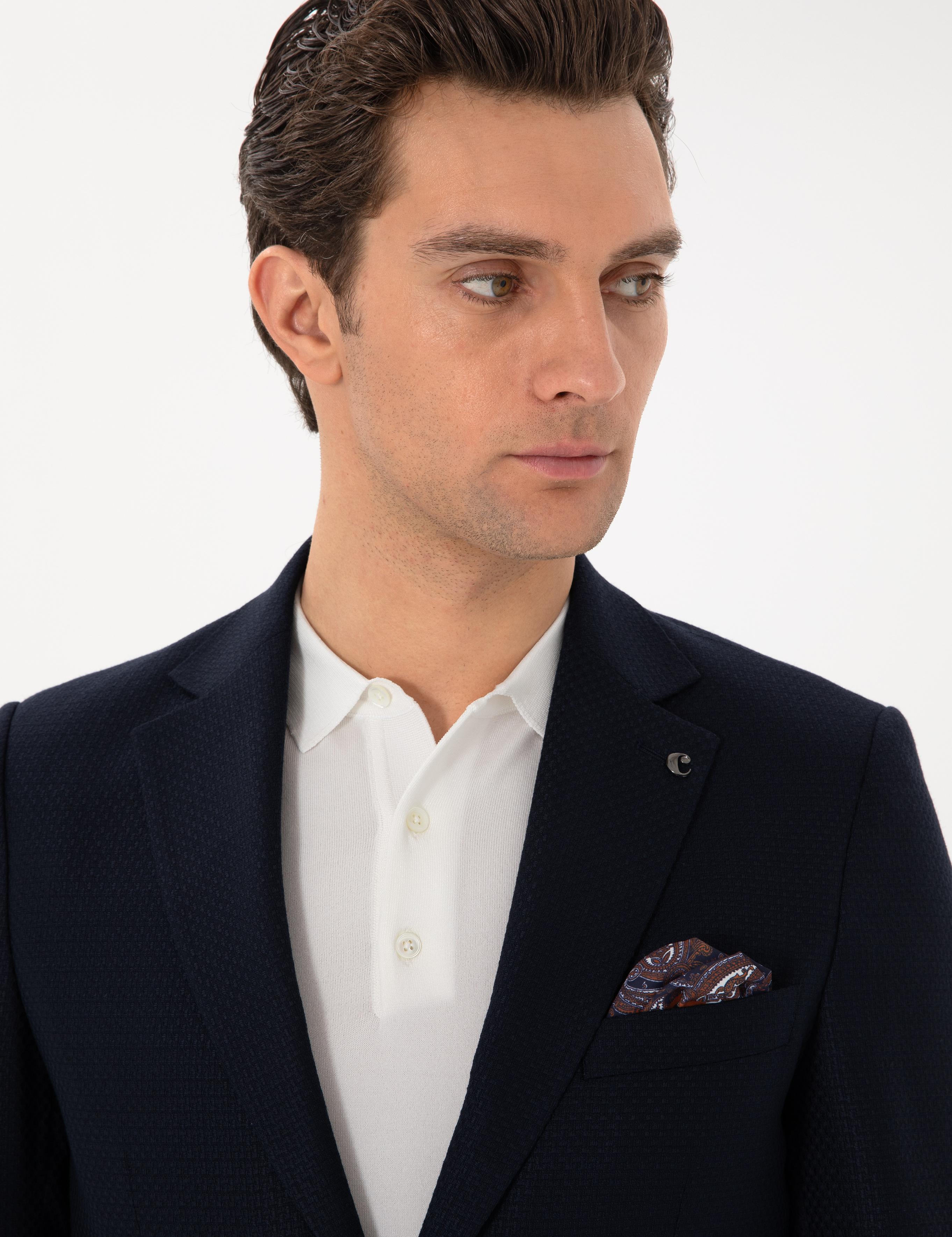Koyu Lacivert Slim Fit Dokulu Yün Karışımlı Ceket - 50300052046