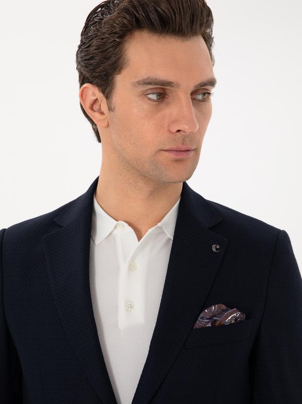 Koyu Lacivert Slim Fit Dokulu Yün Karışımlı Ceket
