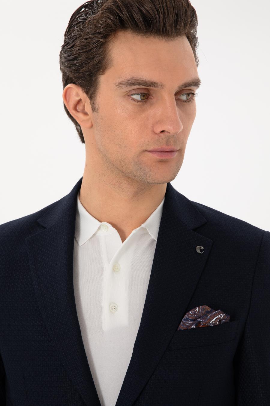 Koyu Lacivert Slim Fit Dokulu Yün Karışımlı Ceket - 50300052046