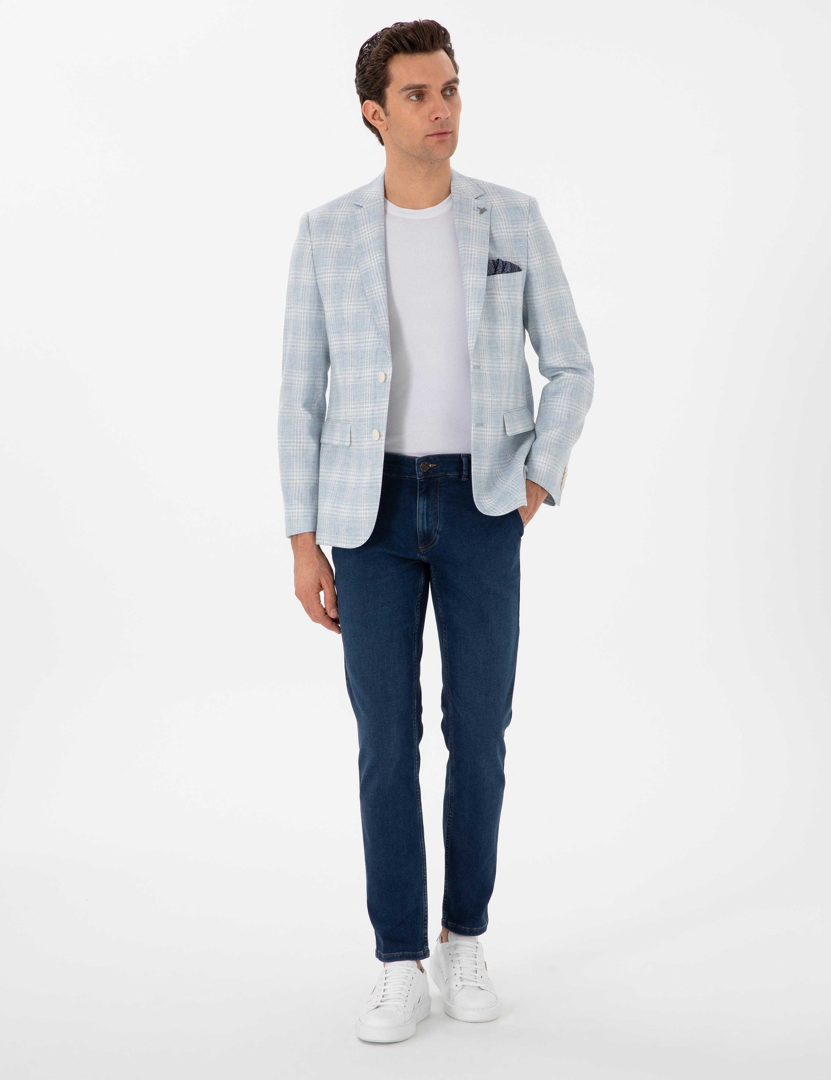 Açık Mavi Slim Fit Keten Karışımlı Ekose Ceket - 50300065020