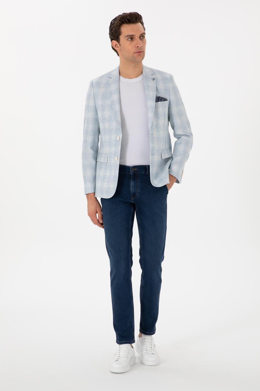 Açık Mavi Slim Fit Keten Karışımlı Ekose Ceket - 50300065020