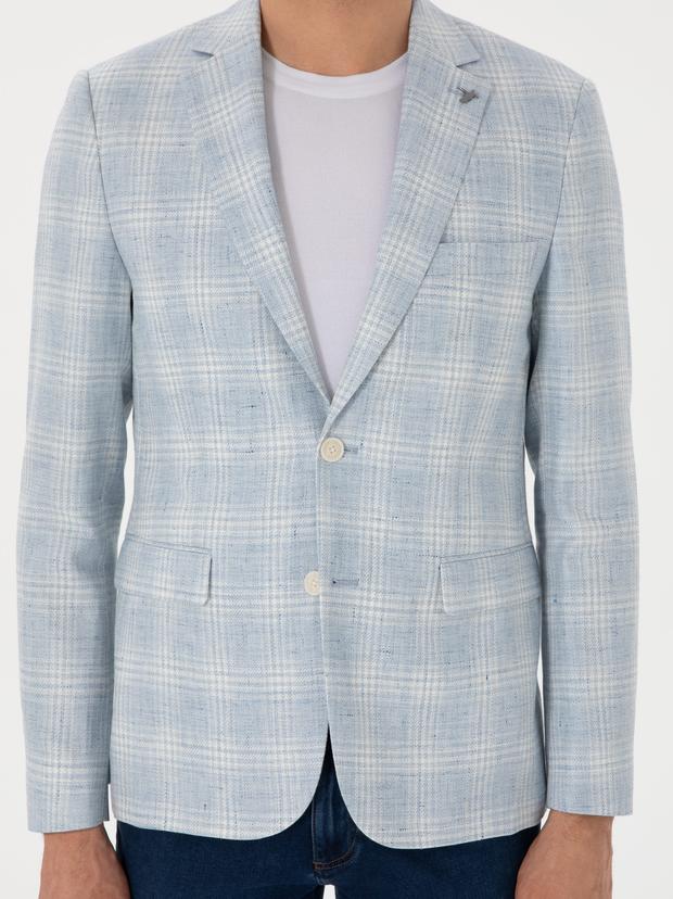 Açık Mavi Slim Fit Keten Karışımlı Ekose Ceket
