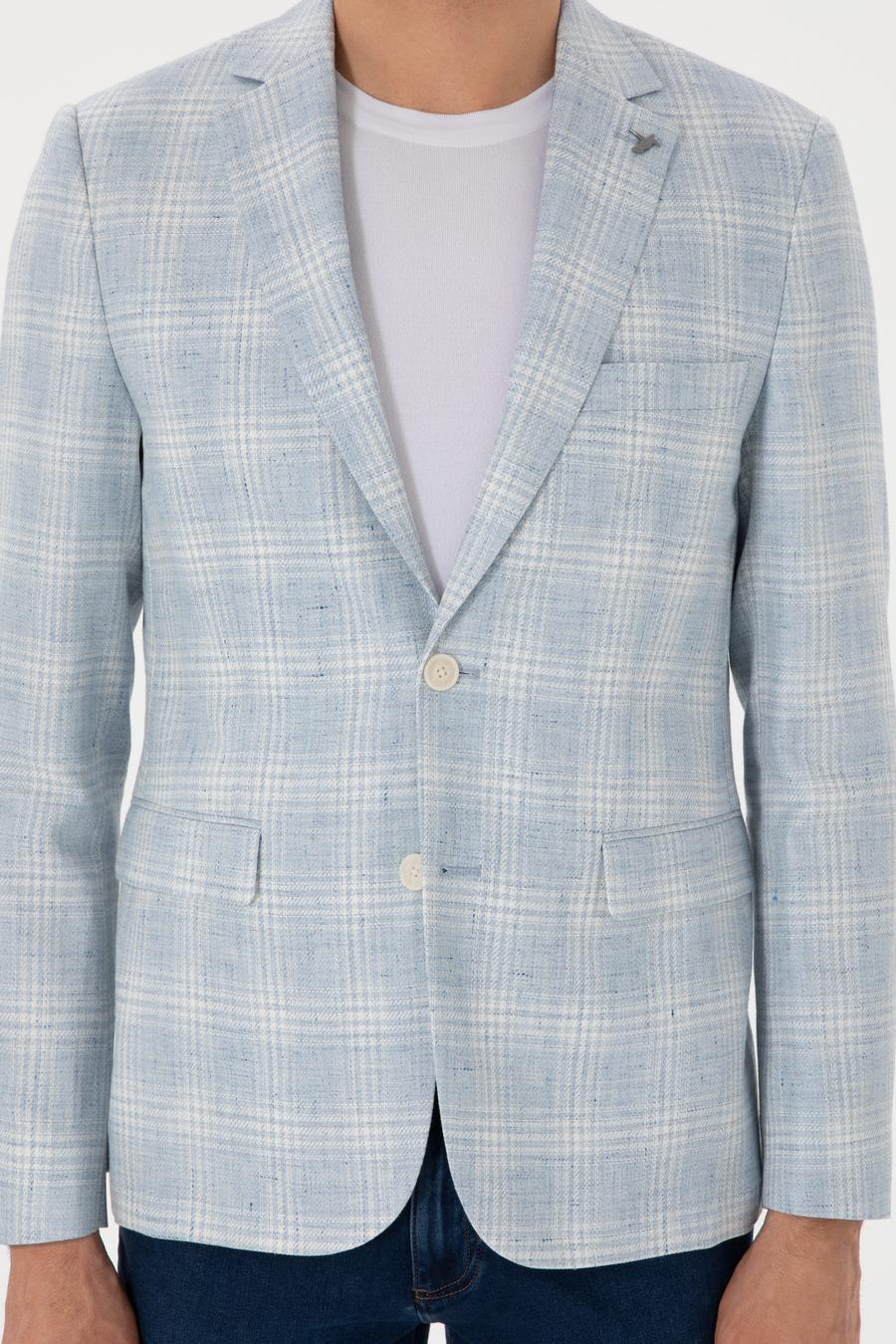 Açık Mavi Slim Fit Keten Karışımlı Ekose Ceket - 50300065020