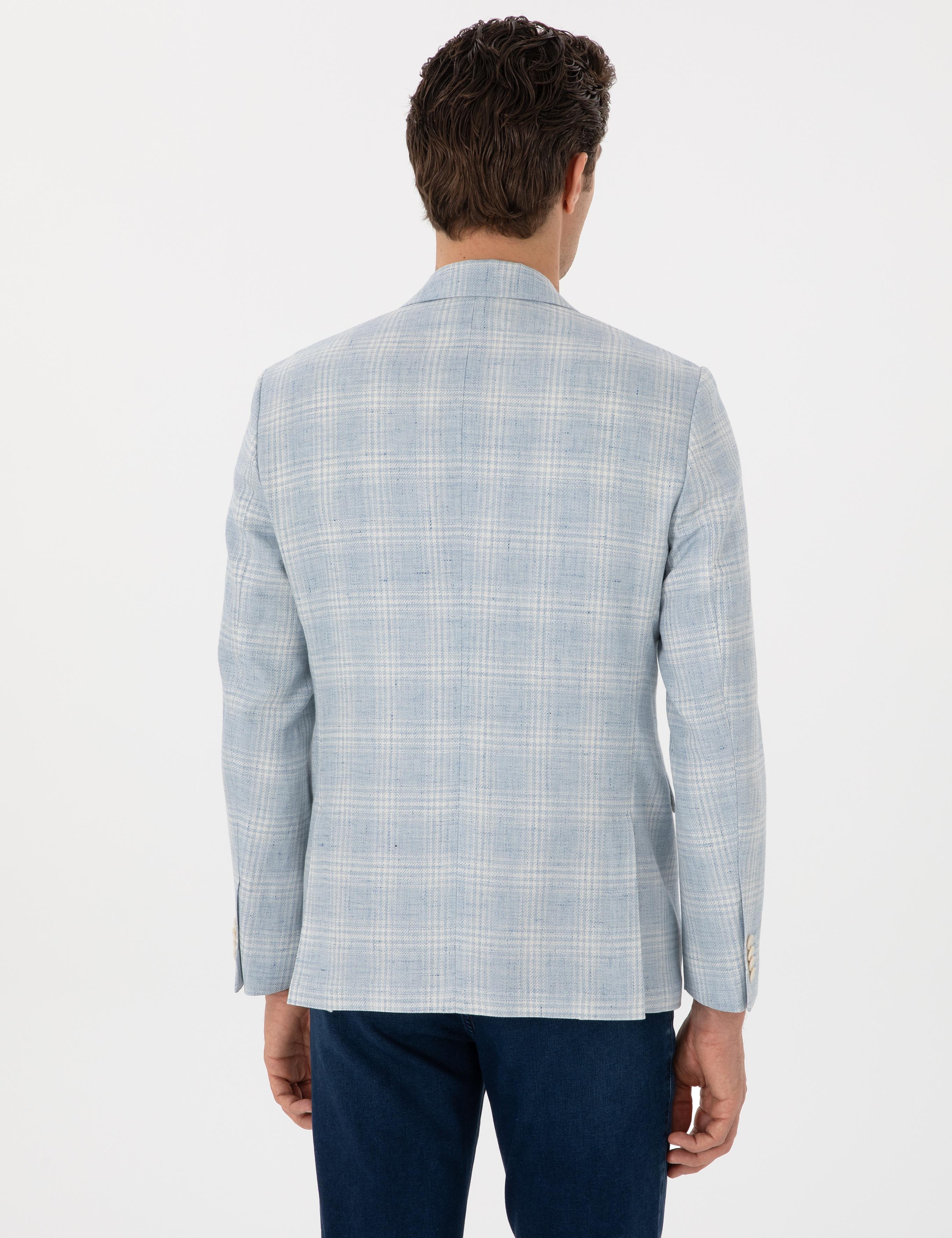 Açık Mavi Slim Fit Keten Karışımlı Ekose Ceket - 50300065020