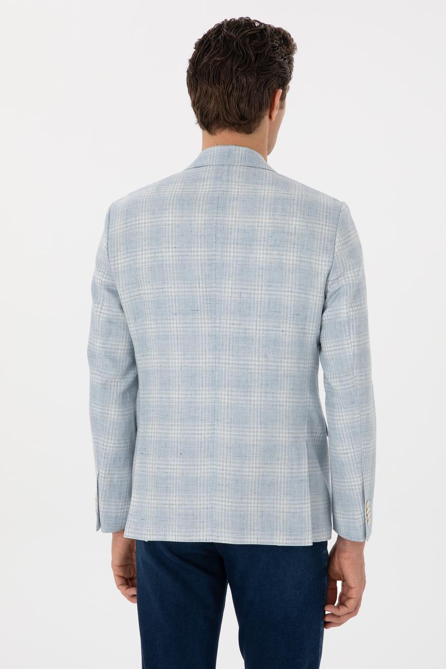 Açık Mavi Slim Fit Keten Karışımlı Ekose Ceket - 50300065020