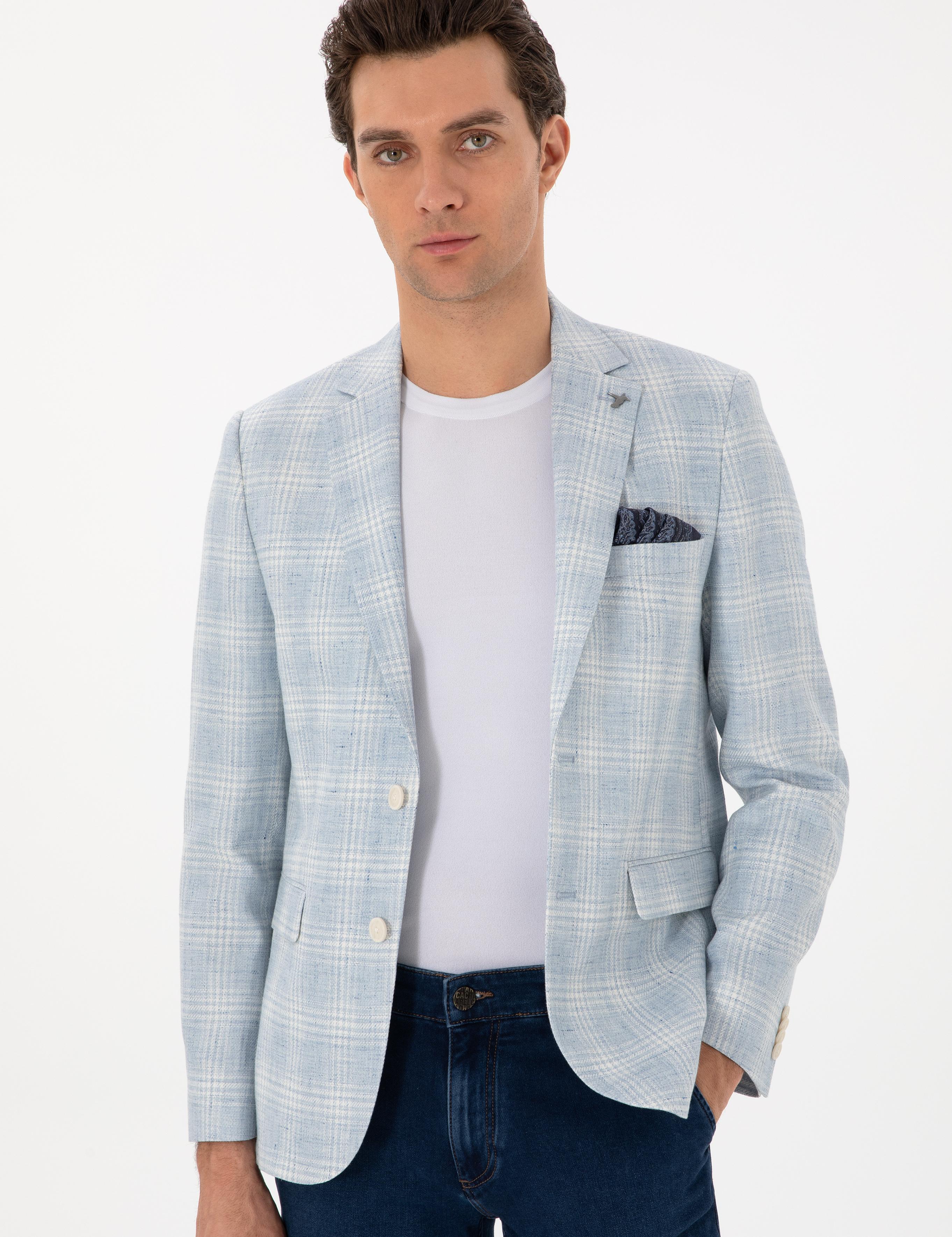 Açık Mavi Slim Fit Keten Karışımlı Ekose Ceket - 50300065020