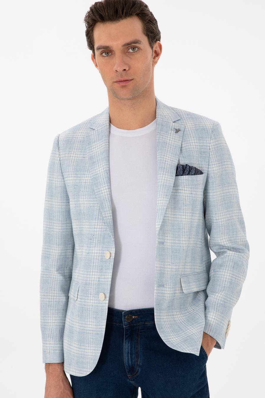 Açık Mavi Slim Fit Keten Karışımlı Ekose Ceket - 50300065020