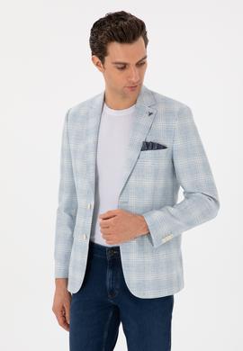 Açık Mavi Slim Fit Keten Karışımlı Ekose Ceket