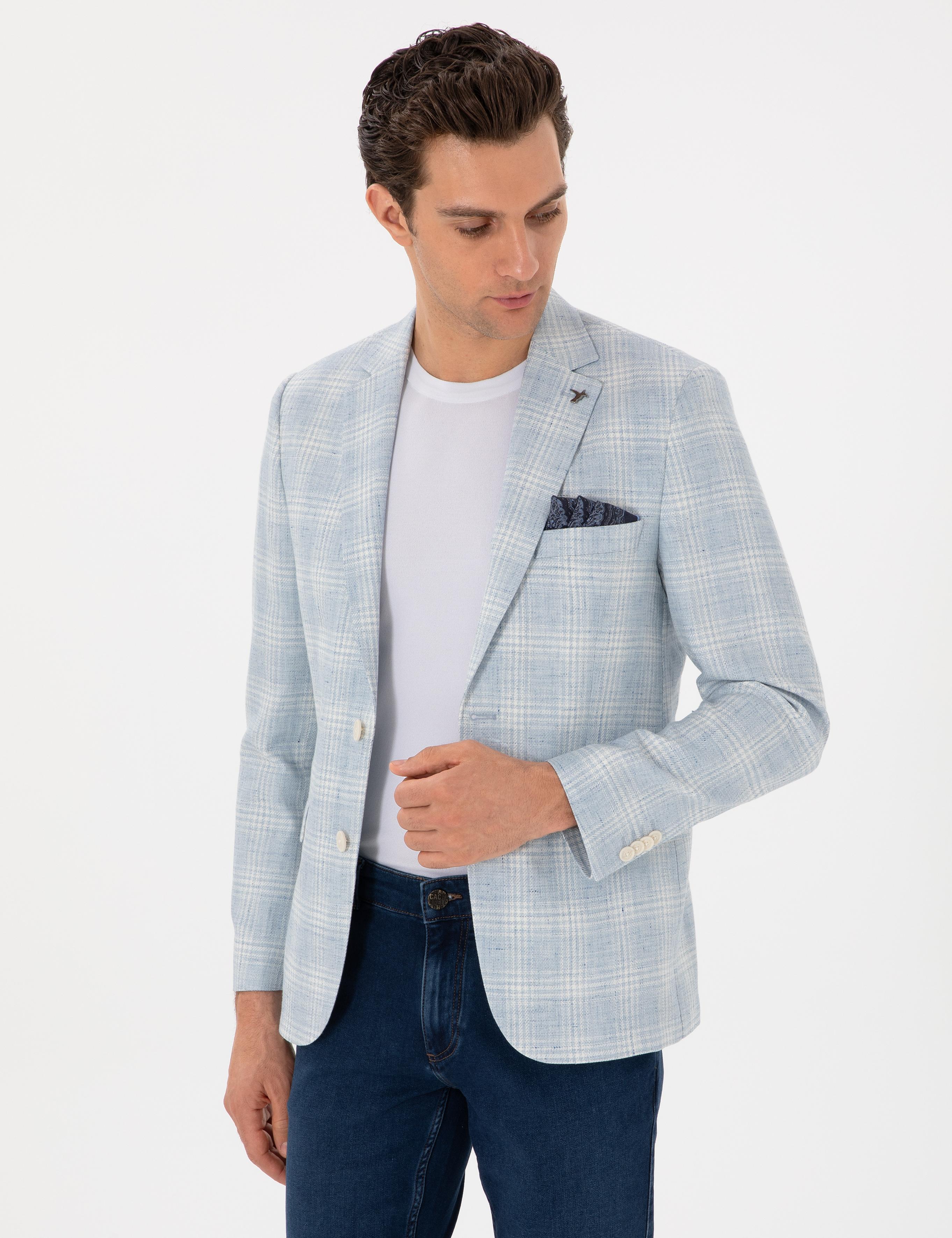 Açık Mavi Slim Fit Keten Karışımlı Ekose Ceket - 50300065020