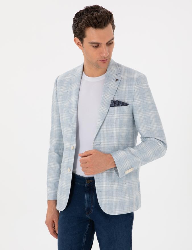 Açık Mavi Slim Fit Keten Karışımlı Ekose Ceket