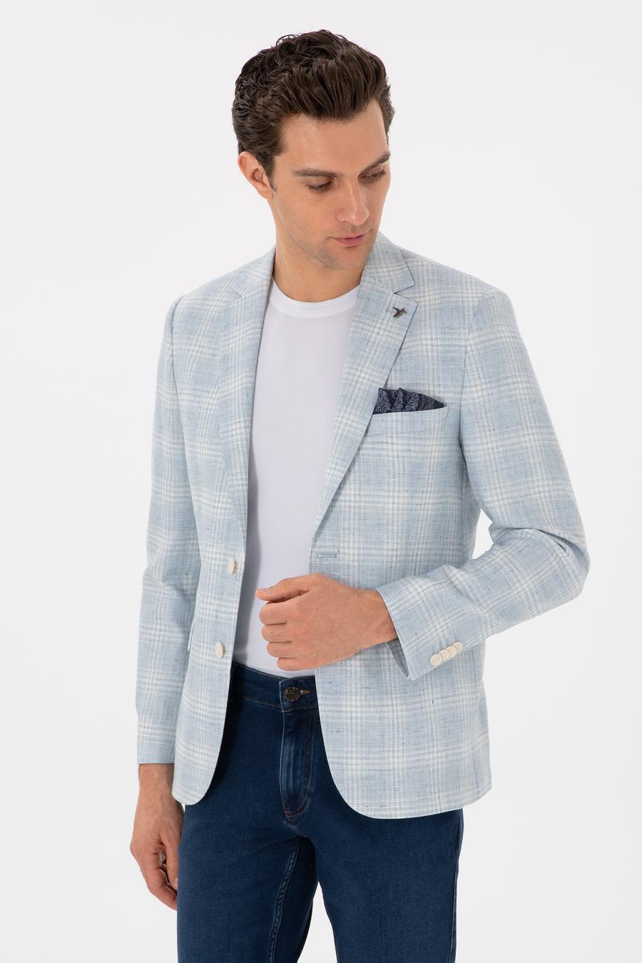 Açık Mavi Slim Fit Keten Karışımlı Ekose Ceket - 50300065020