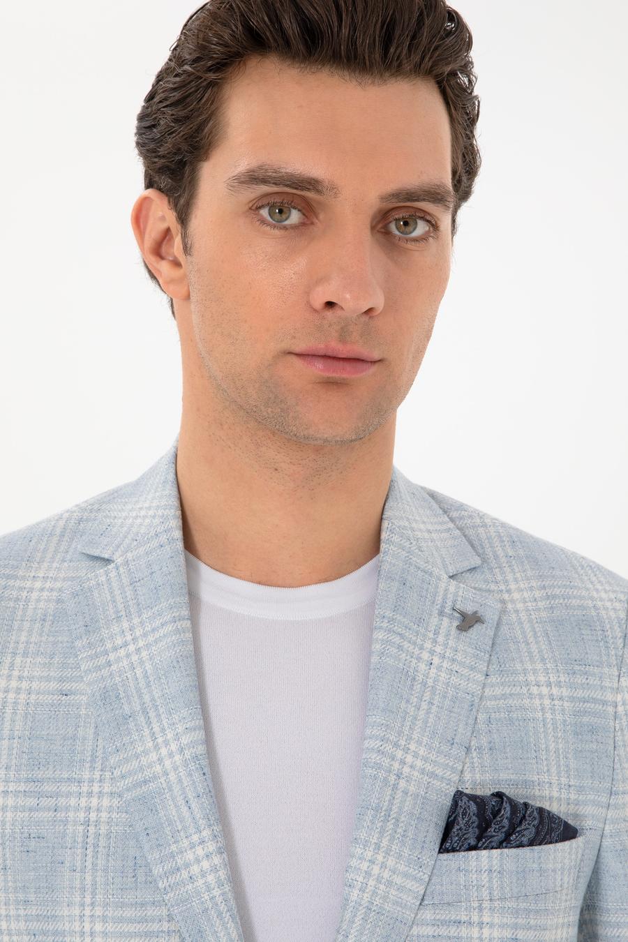 Açık Mavi Slim Fit Keten Karışımlı Ekose Ceket - 50300065020